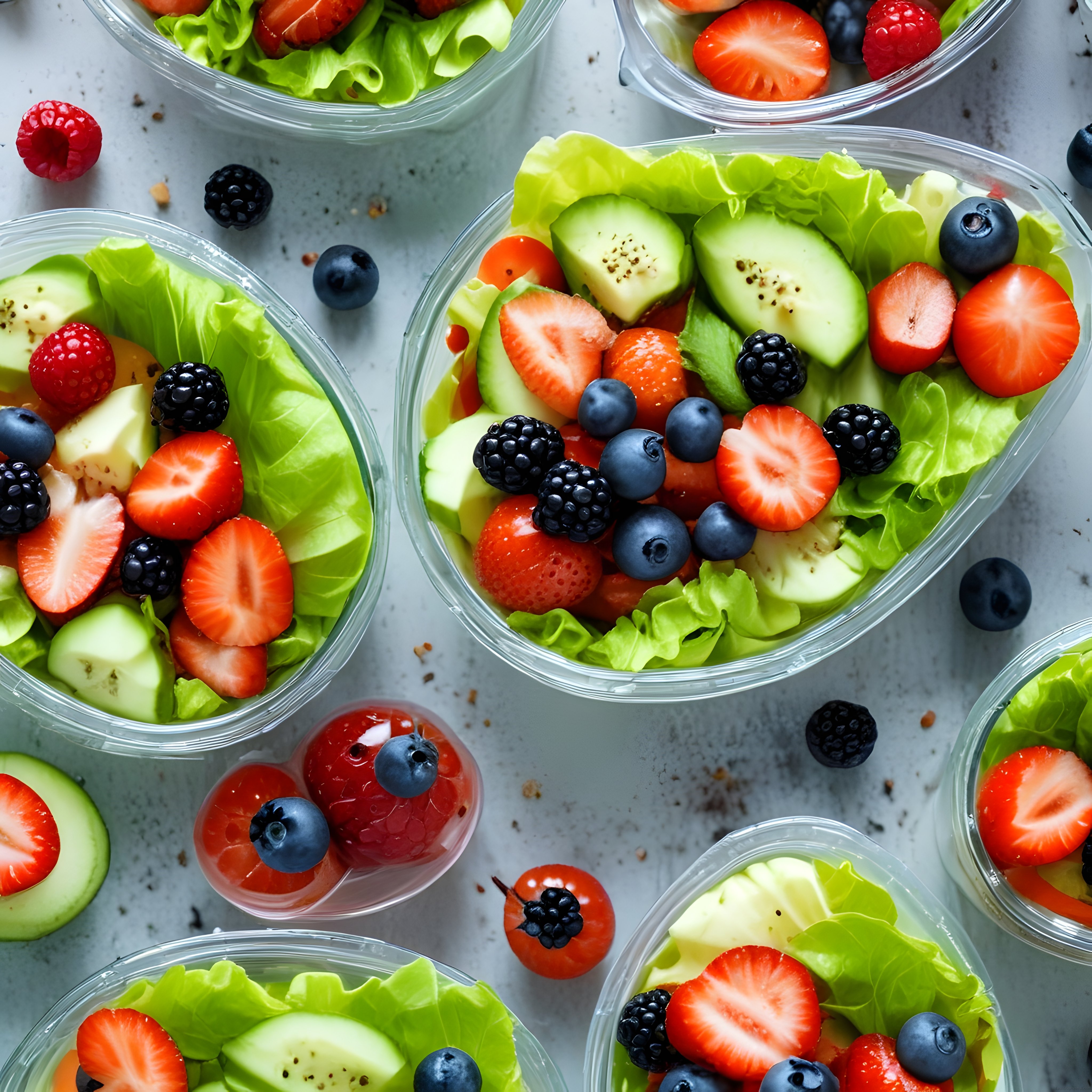 Cam Kaplarda Renkli Meyve ve Avokado Salatası: Sağlıklı Günlük Beslenme