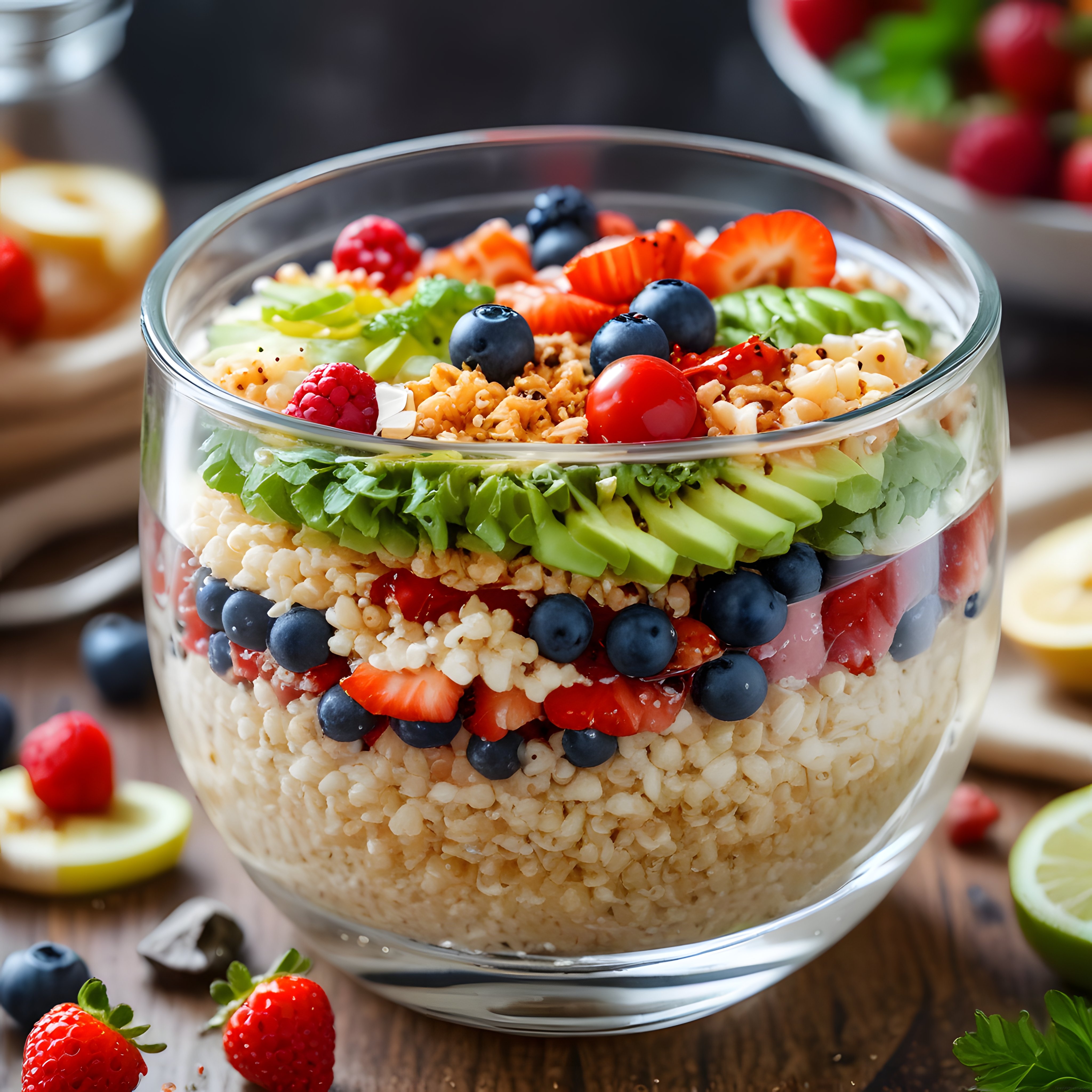 Cam Kapta Katmanlı Taze Meyveli Avokadolu Sağlıklı Vegan Buda Kasesi