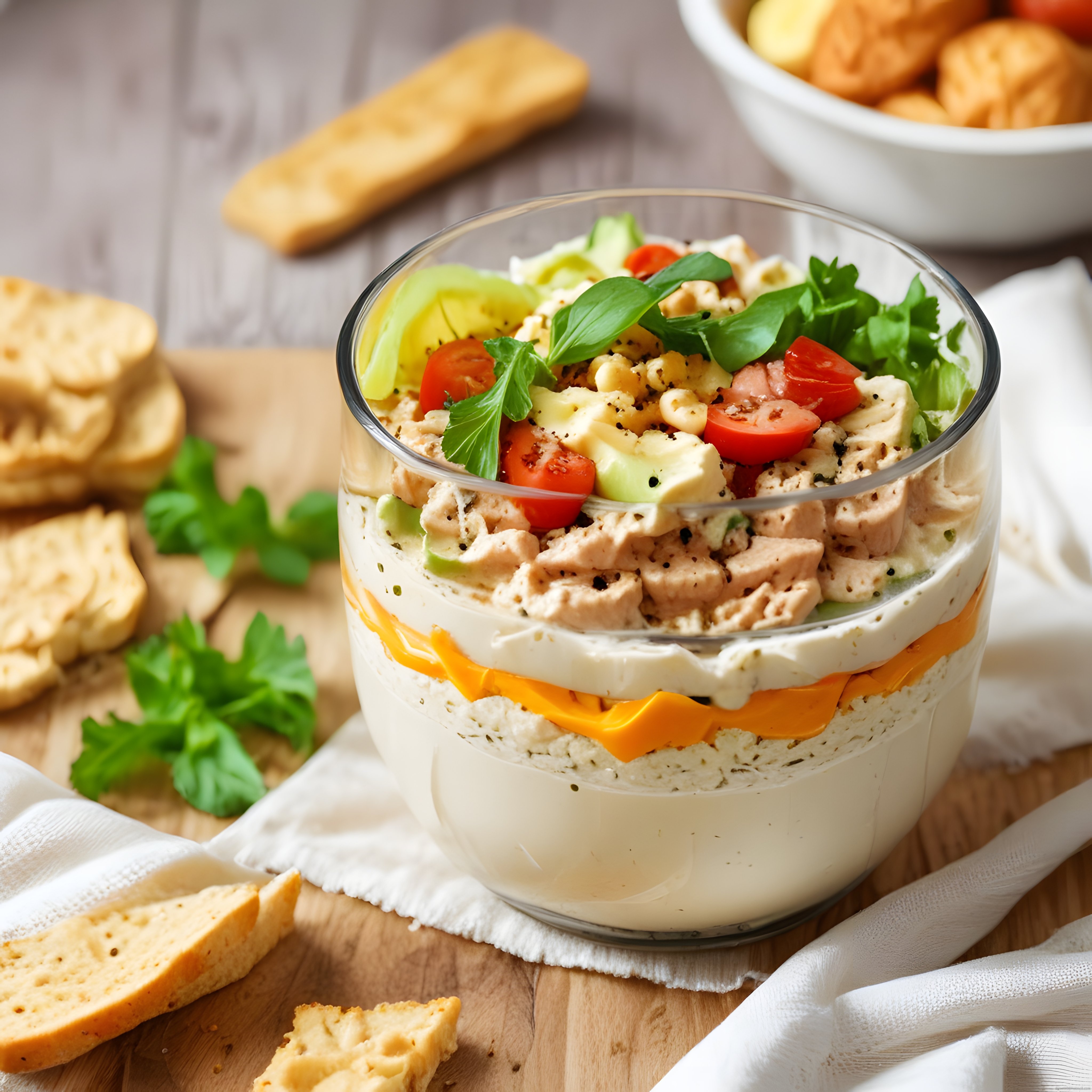 Cam Kapta Katmanlı Ton Balıklı Dip Tarifi ve Kıtır Ekmeklerle Sunum