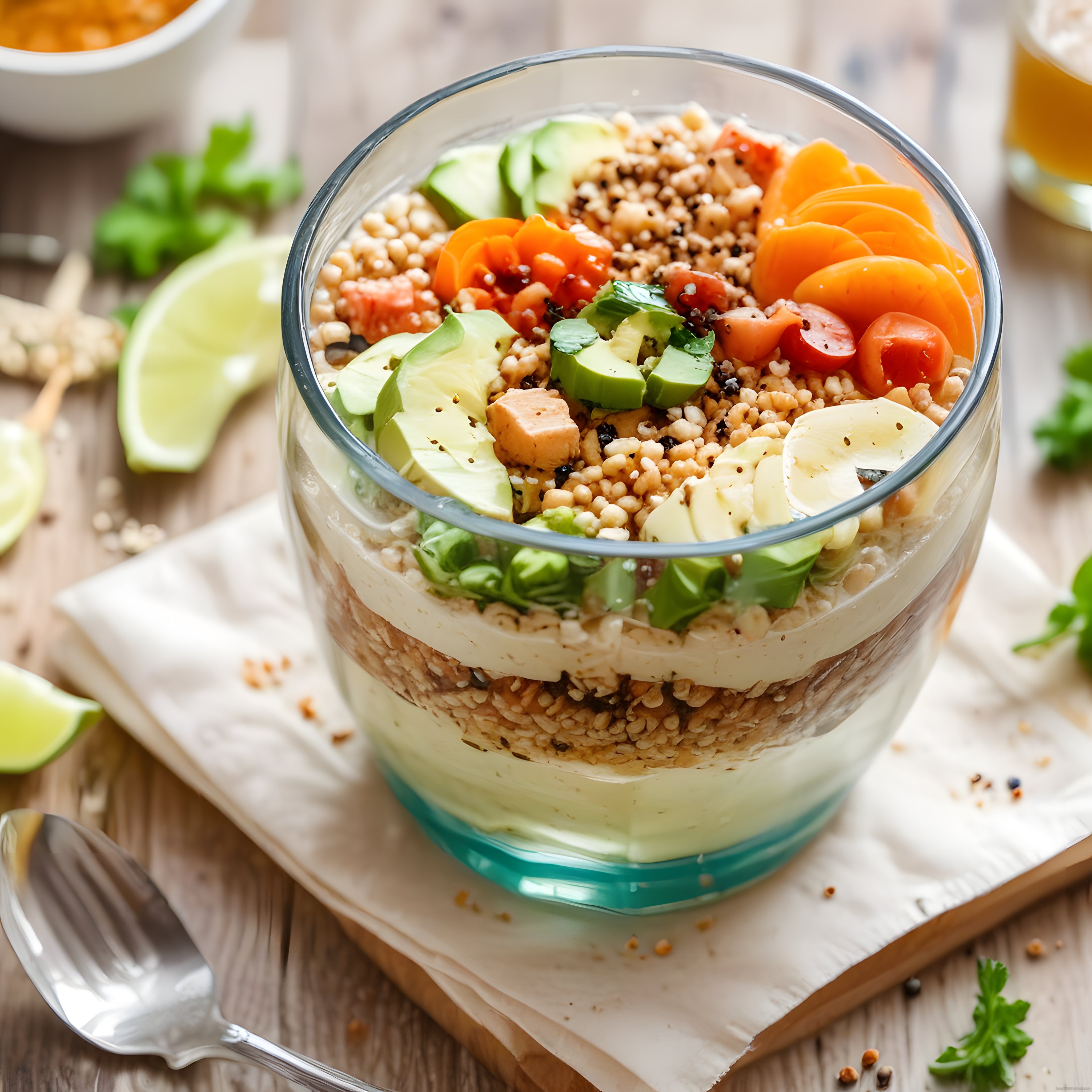 Cam Kapta Katmanlı Vegan Kase: Sağlıklı Tahıl, Avokado ve Renkli Sebzeler