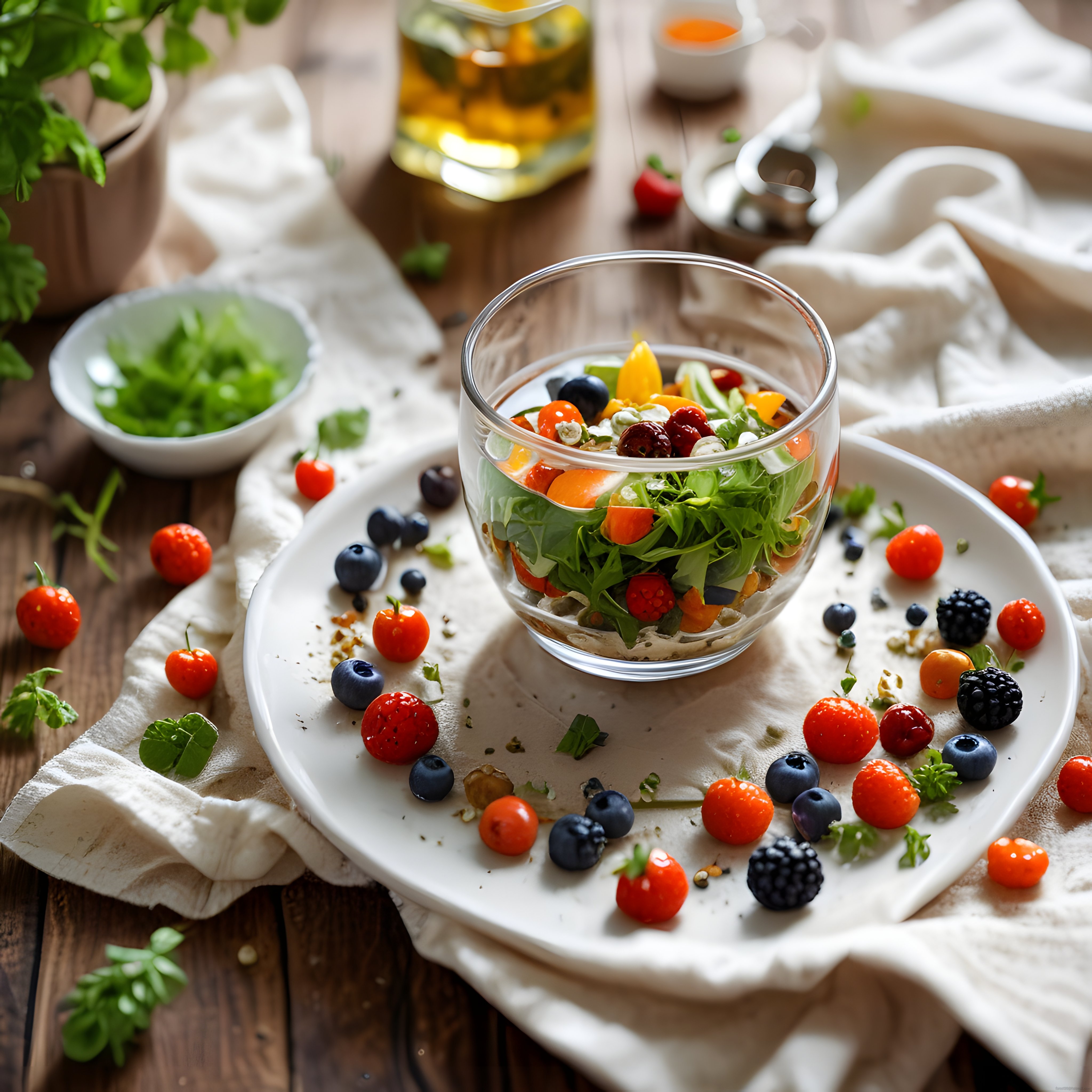 Cam Kapta Yaban Mersini ve Böğürtlenli Renkli Sağlıklı Kahvaltı Salatası Sunumu