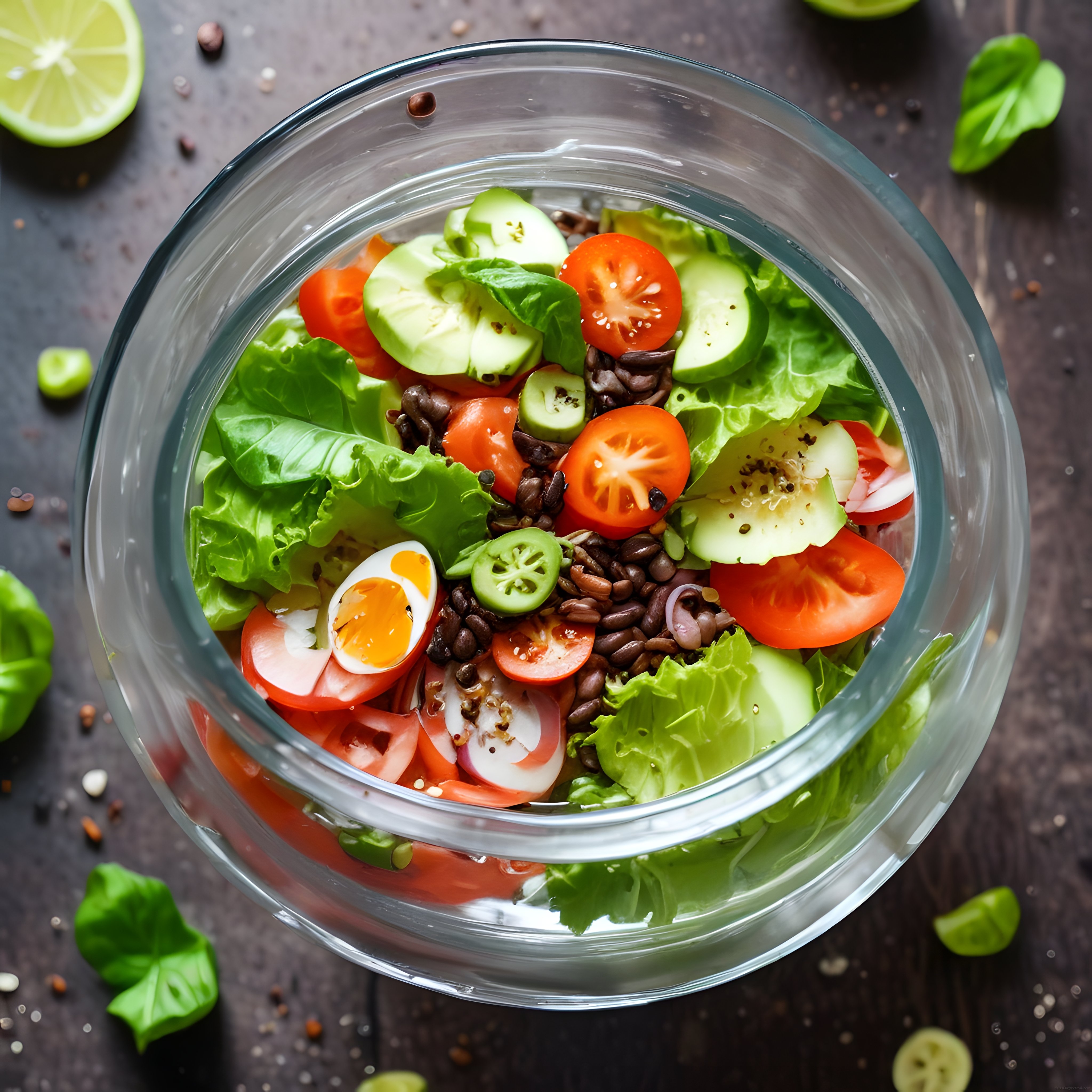 Cam Kapta Yeşil Salata: Taze Sebzeler, Haşlanmış Yumurta ve Fesleğen Yaprakları