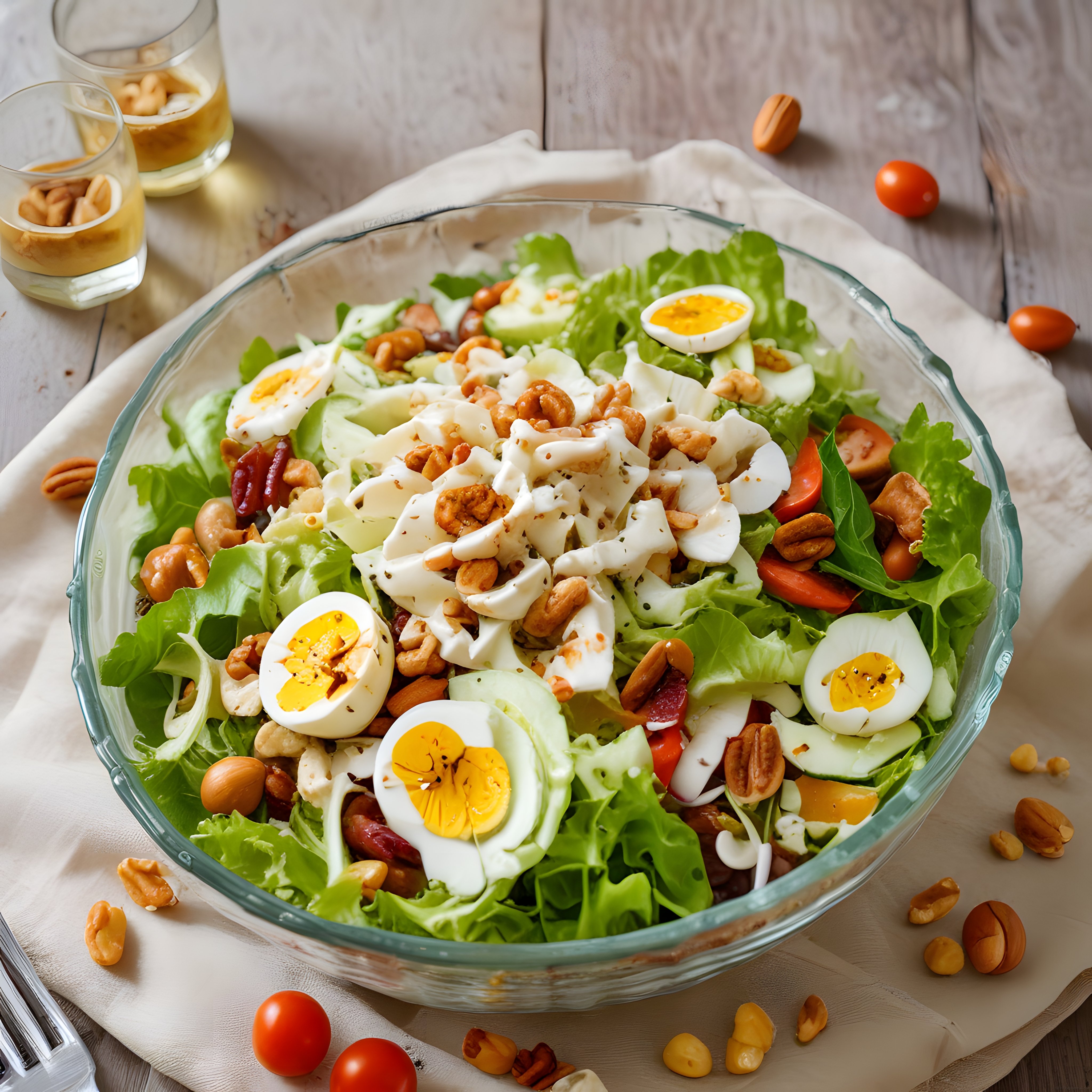 Cam Kasede Beyaz Soslu Haşlanmış Yumurtalı Cevizli Yeşil Salata