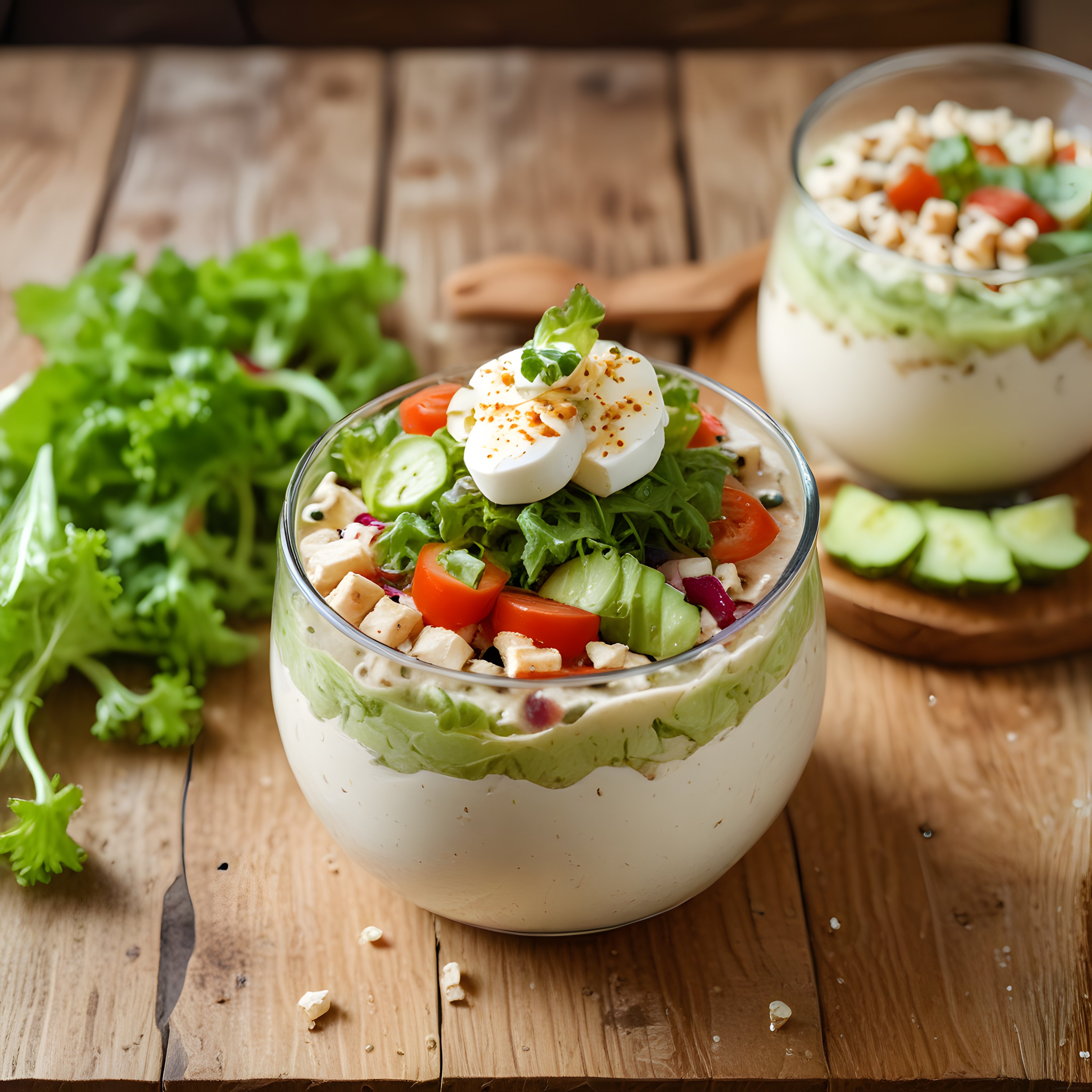 Cam Kasede Katmanlı Salata Sunumu: Taze Sebzeler ve Yumurta ile Sağlıklı Tarif