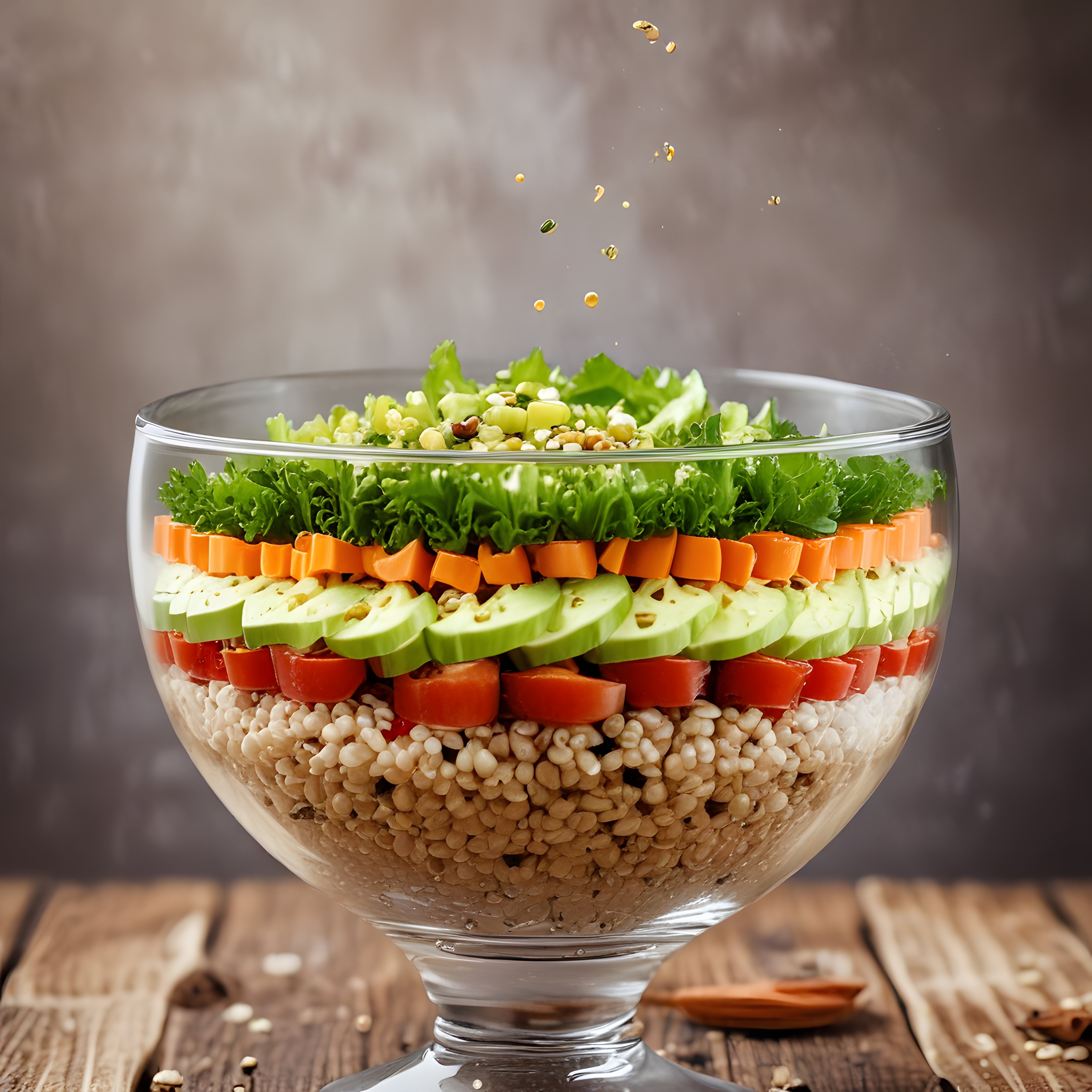 Cam Kasede Katmanlı Salata: Tahıl ve Taze Sebzelerle Sağlıklı Sunum