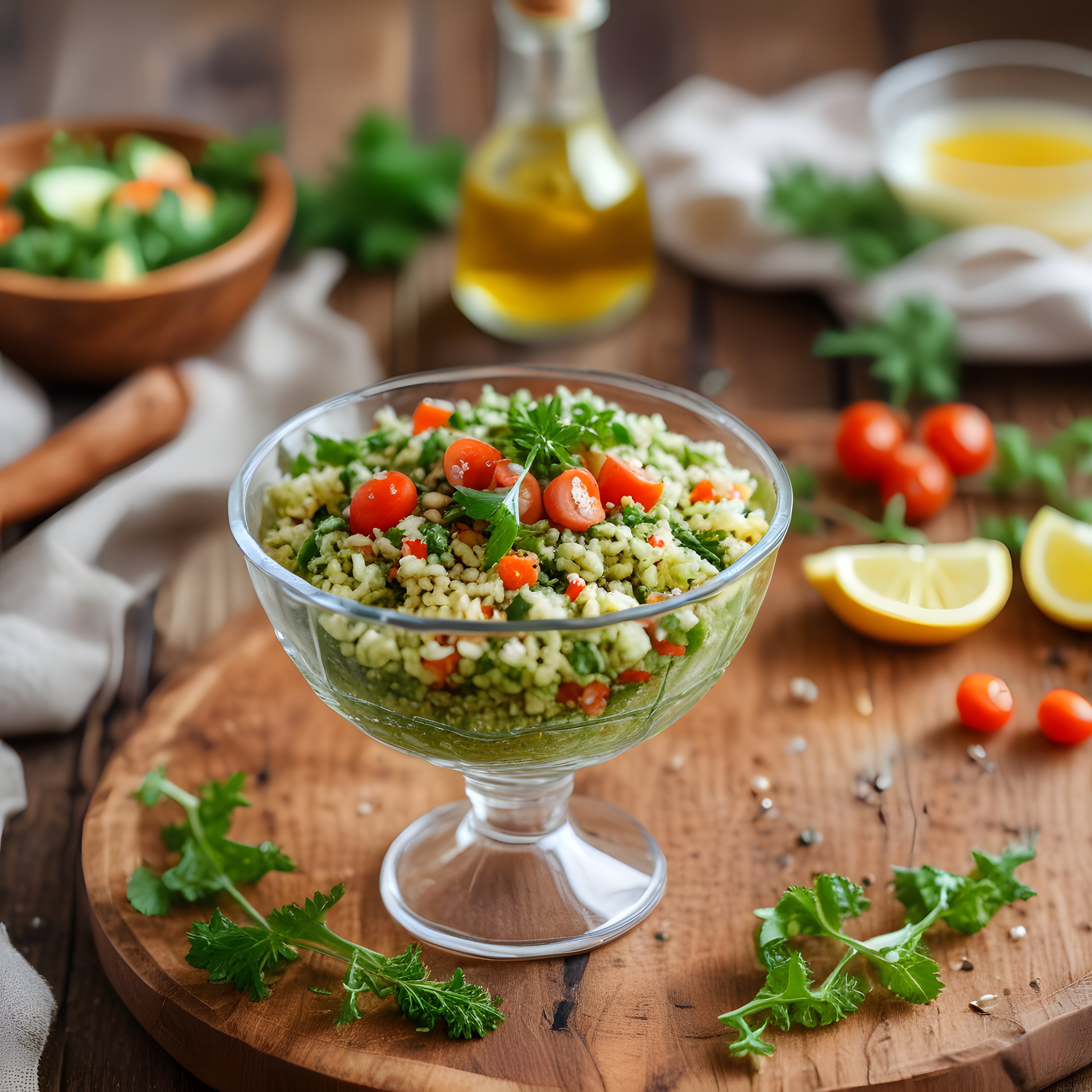 Cam kasede taze otlu bulgur salatası ve rustik mutfak atmosferi