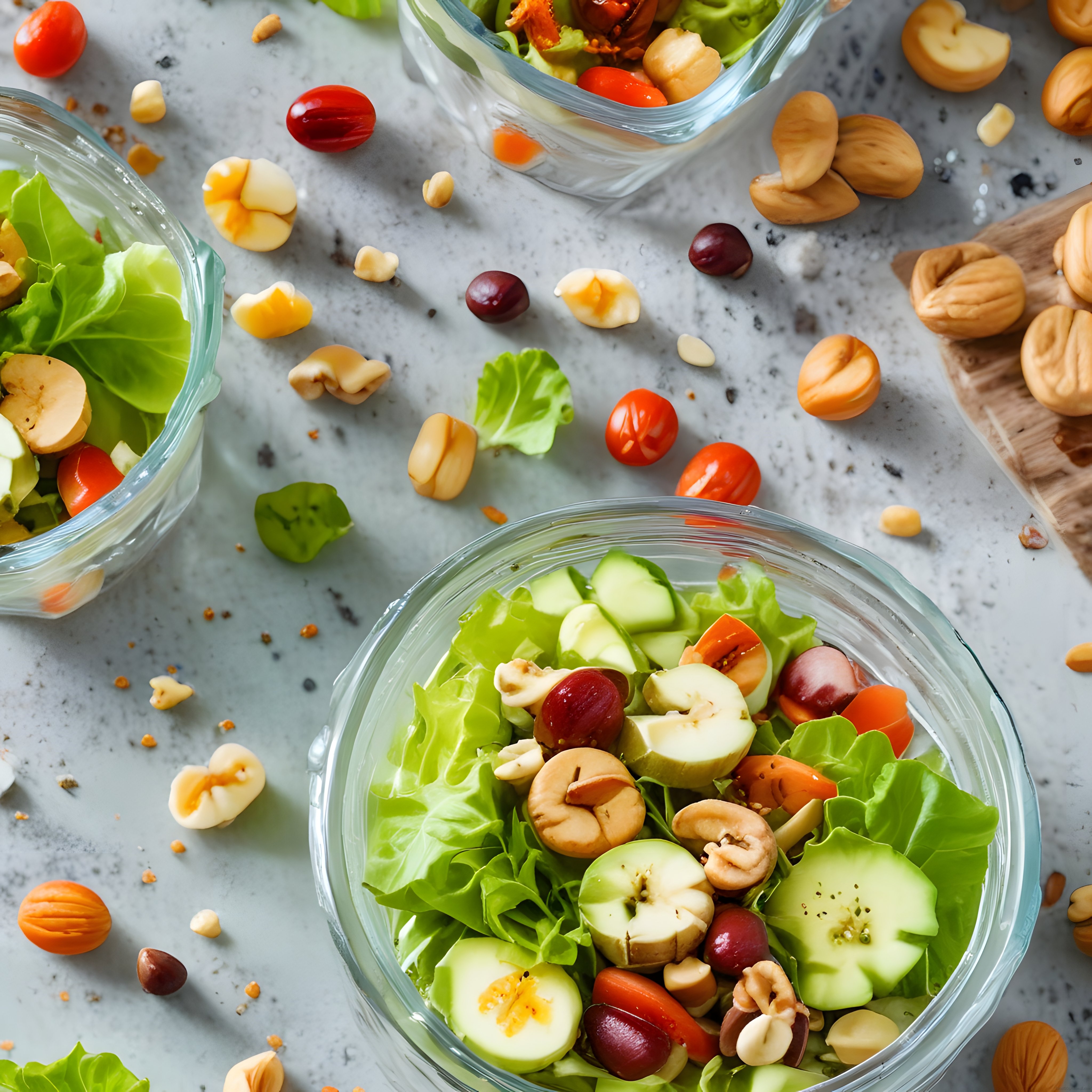 Cam Kaselerde Hazırlanmış Taze Salata ve Kuruyemişli Sağlıklı Atıştırmalıklar