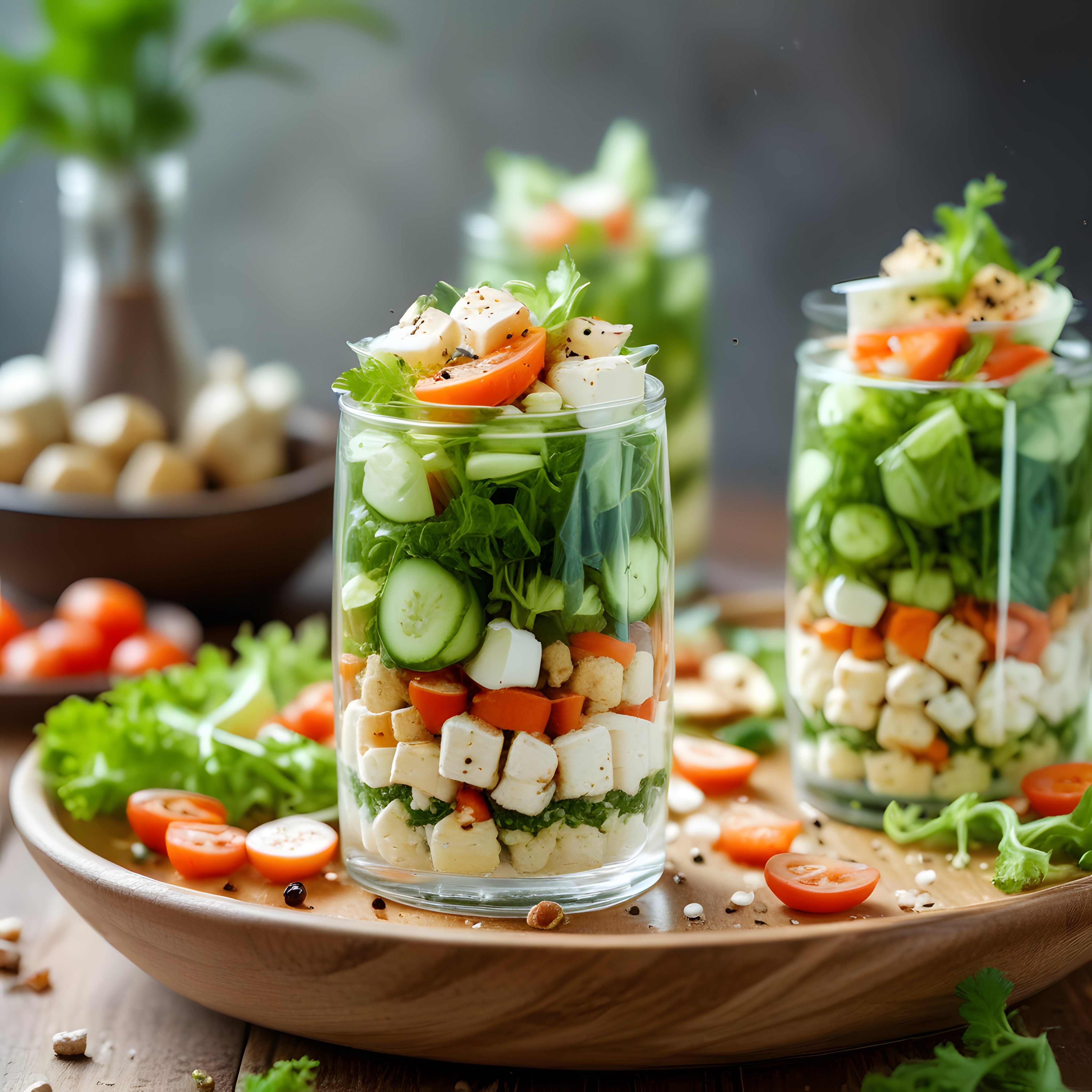 Cam Kavanozda Katmanlı Sağlıklı Salata: Taze Sebzeler ve Peynirli Lezzet