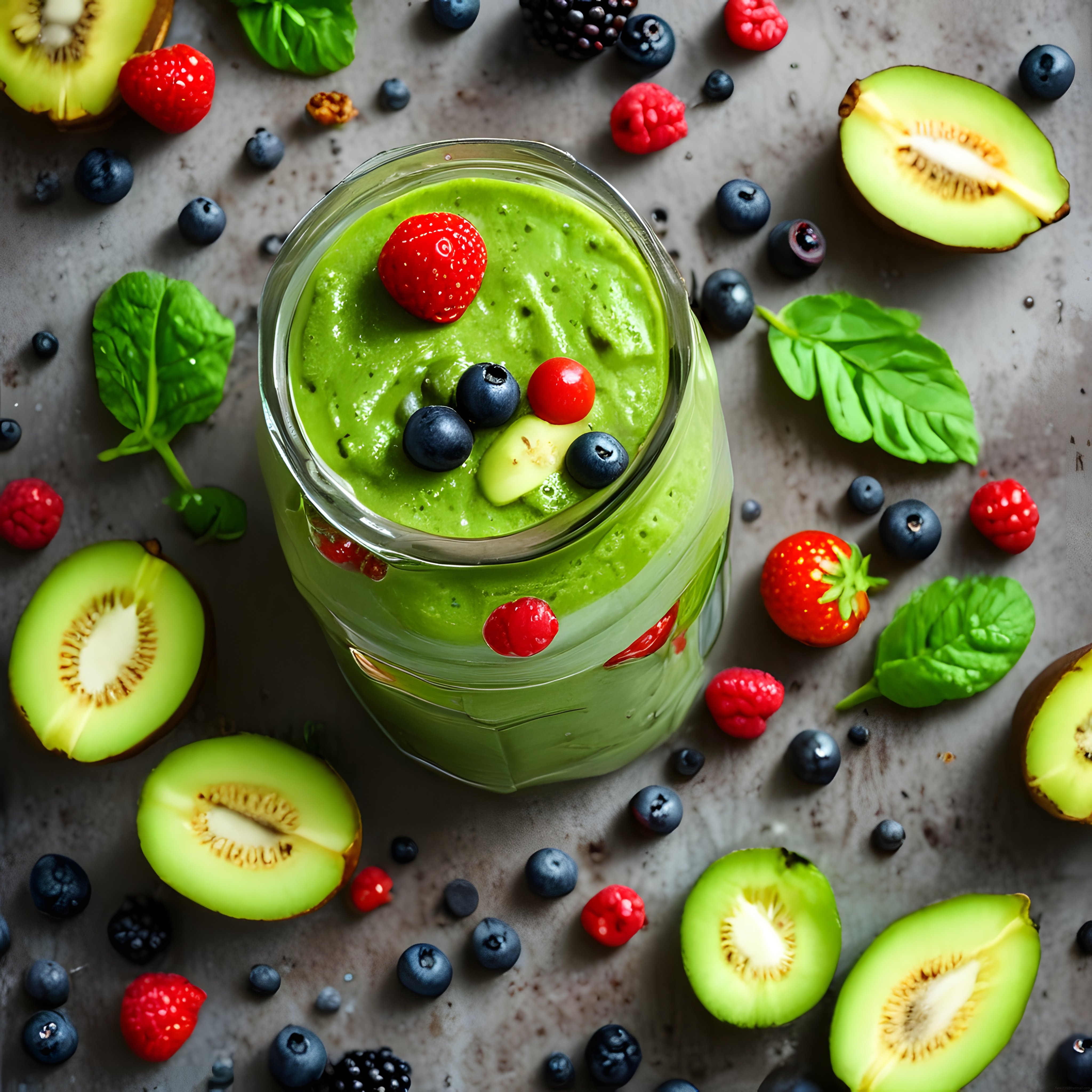 cam kavanozda kivili çilekli yeşil smoothie besleyici sağlıklı içecek sunumu