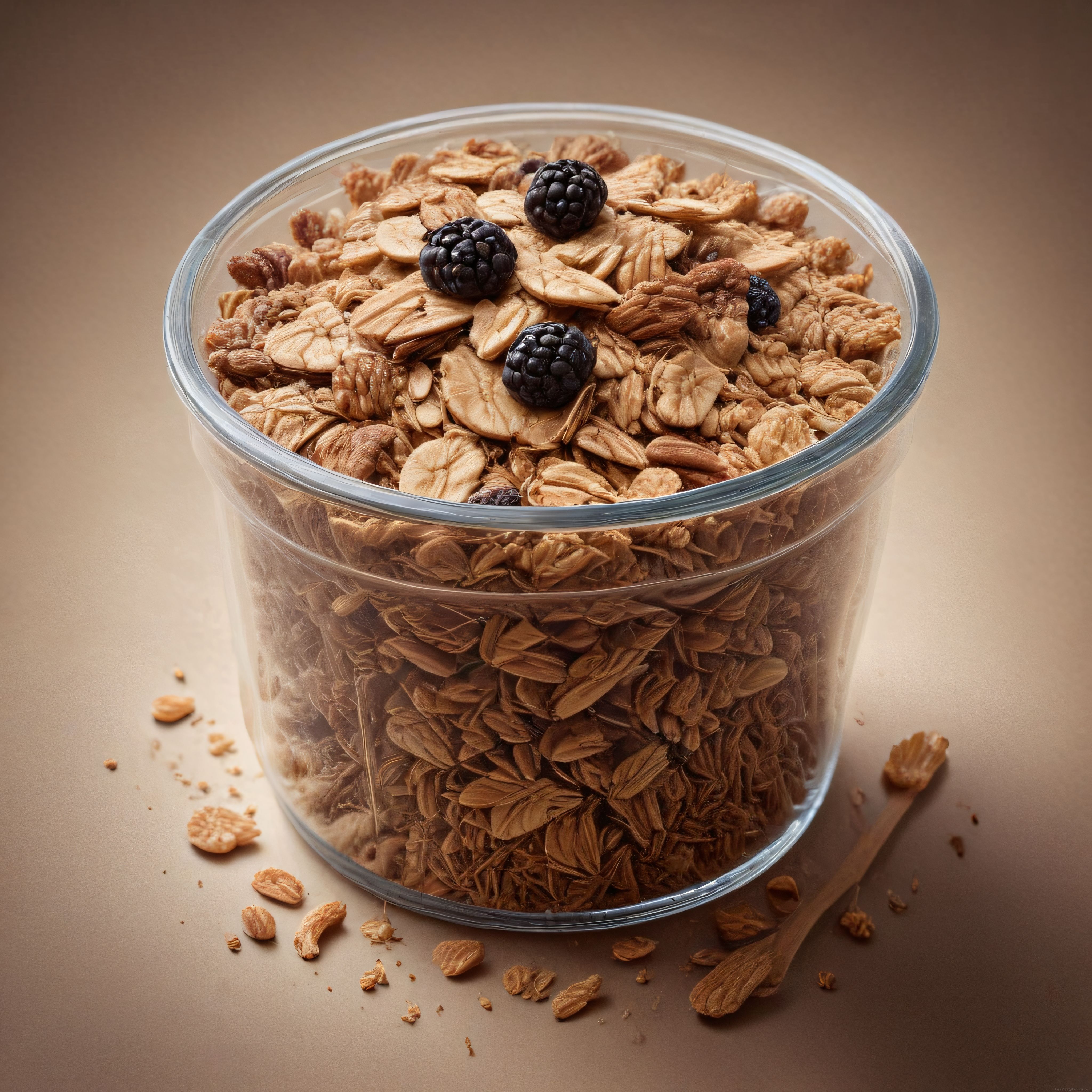 cam kavanozda kuruyemişli granola, böğürtlenle süslenmiş kahvaltılık