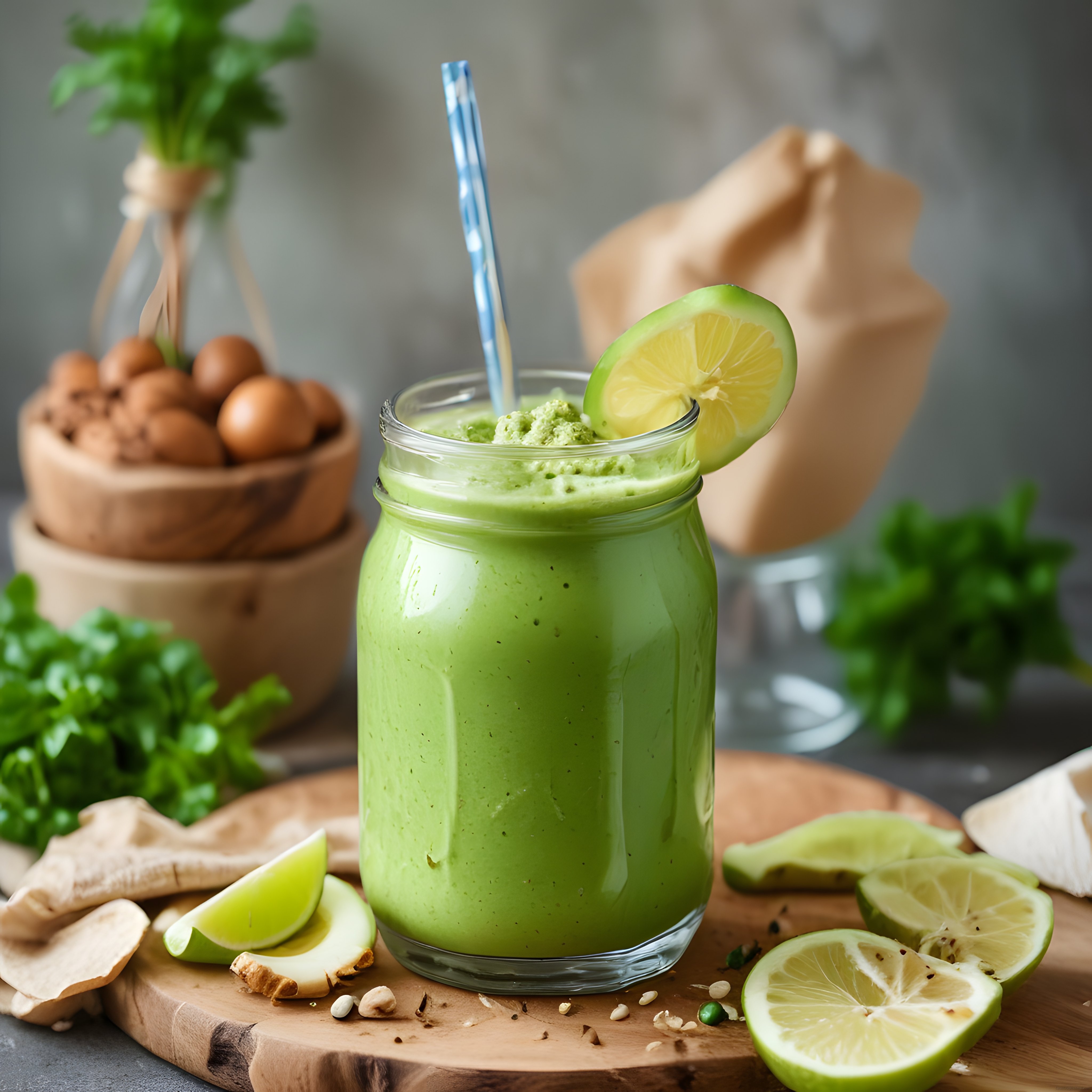 Cam Kavanozda Taze Yeşil Smoothie ve Lime Dilimleri ile Sağlıklı Kahvaltı
