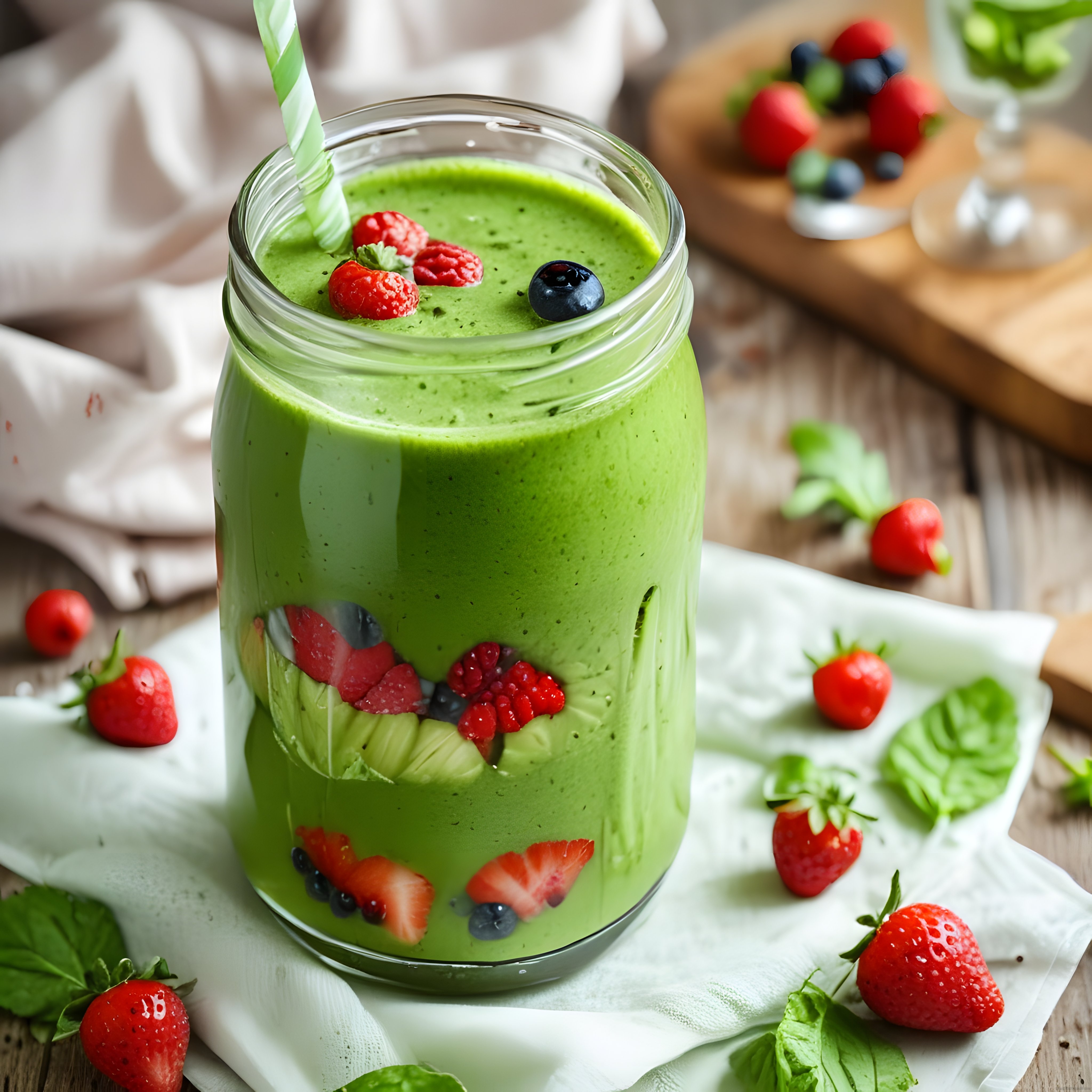 Cam Kavanozda Taze Yeşil Smoothie ve Orman Meyveleri ile Sağlıklı Kahvaltı