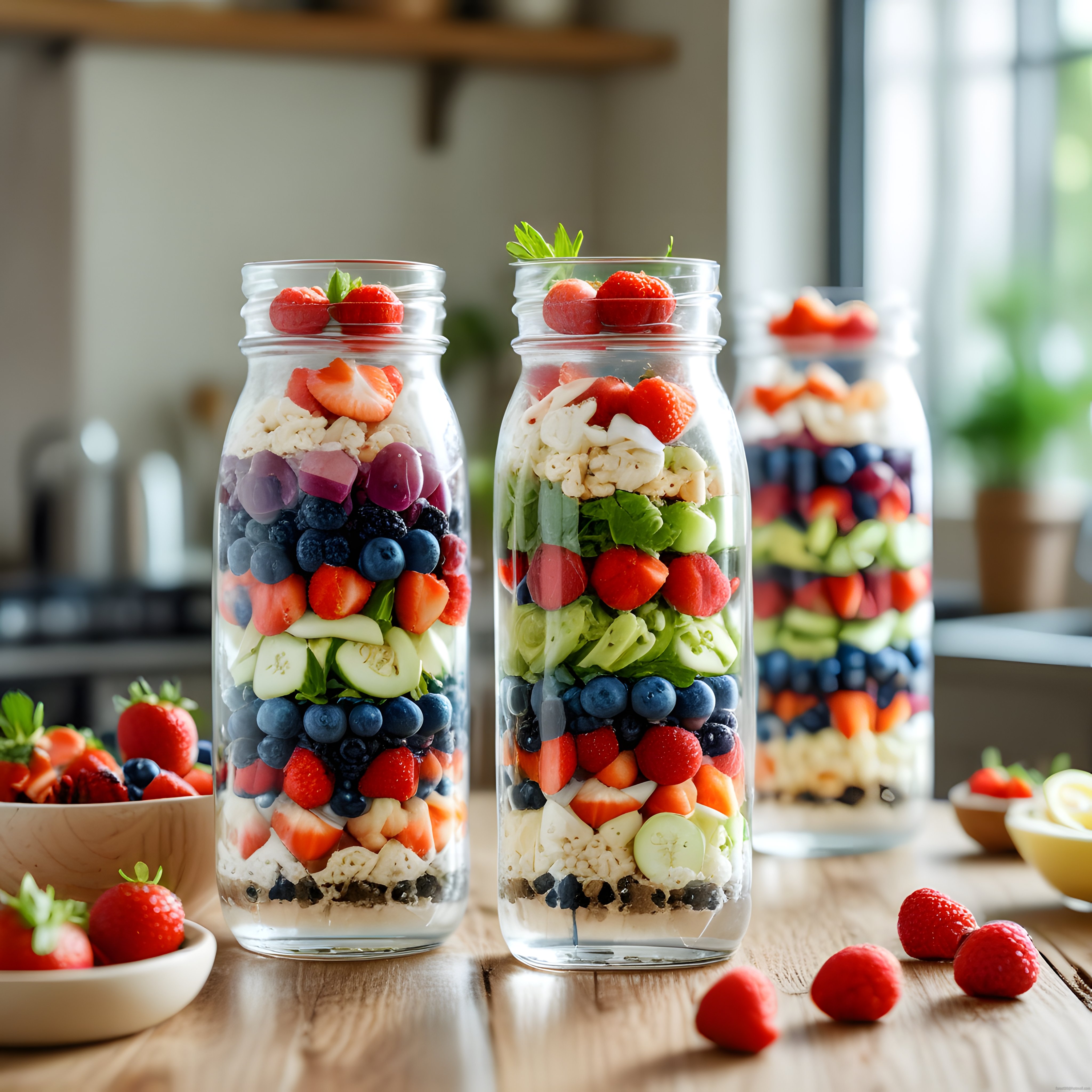 Cam kavanozlarda renkli katmanlı salata: sağlıklı öğün hazırlığı
