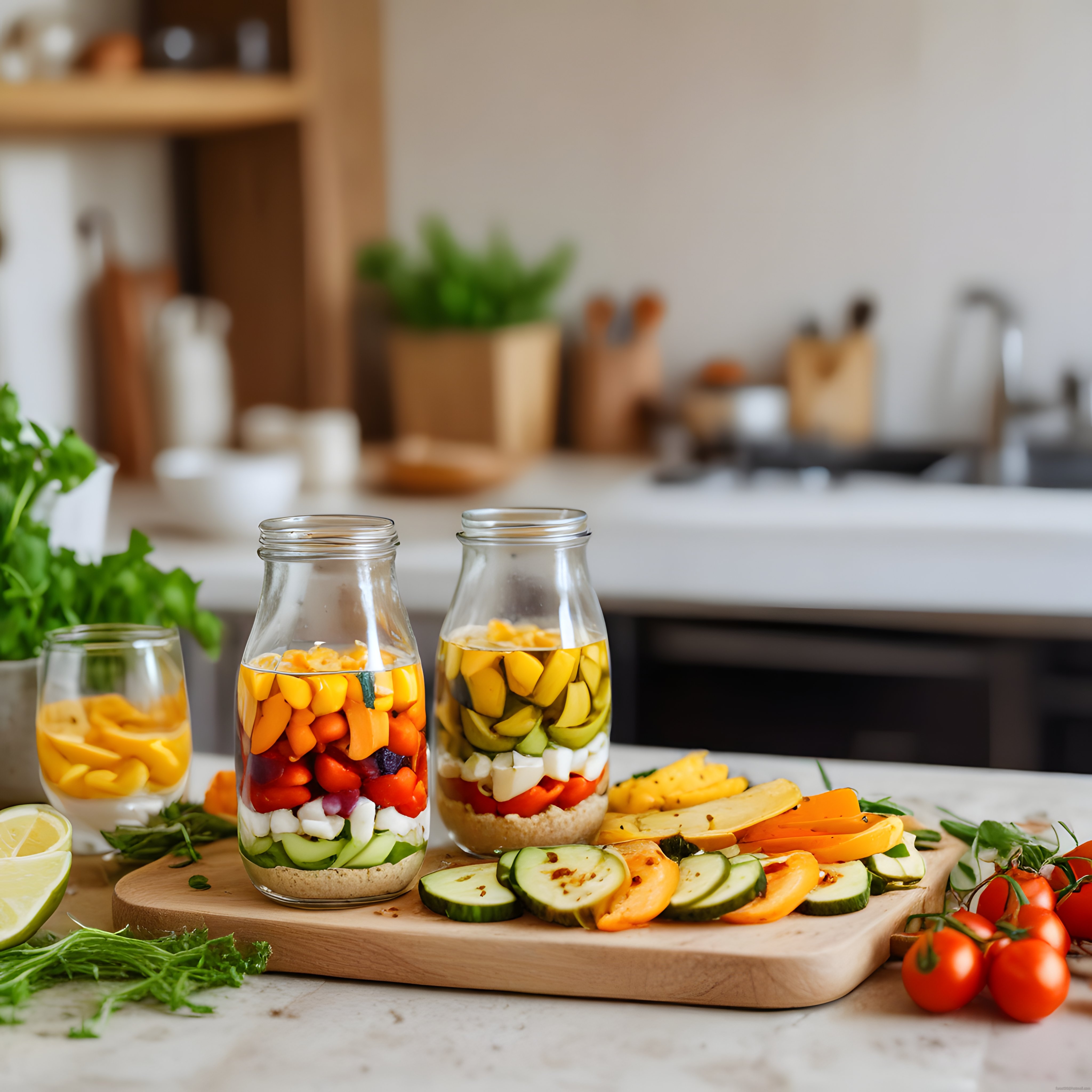 Cam Kavanozlarda Renkli Katmanlı Sebze Salatası ve Sağlıklı Mutfak Hazırlığı