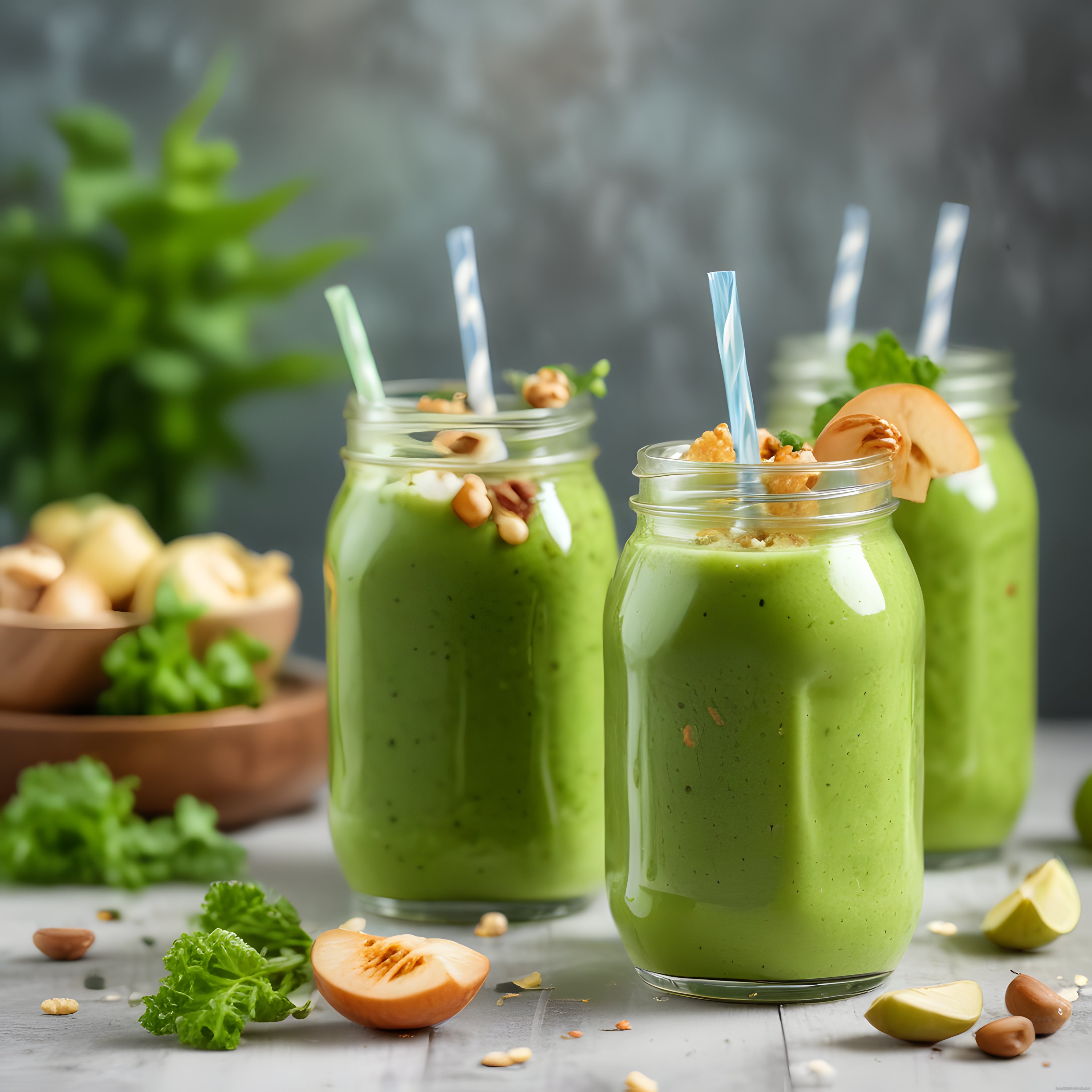 Cam Kavanozlarda Taze Yeşil Smoothie ve Fındık Şeftali Dekorasyonu