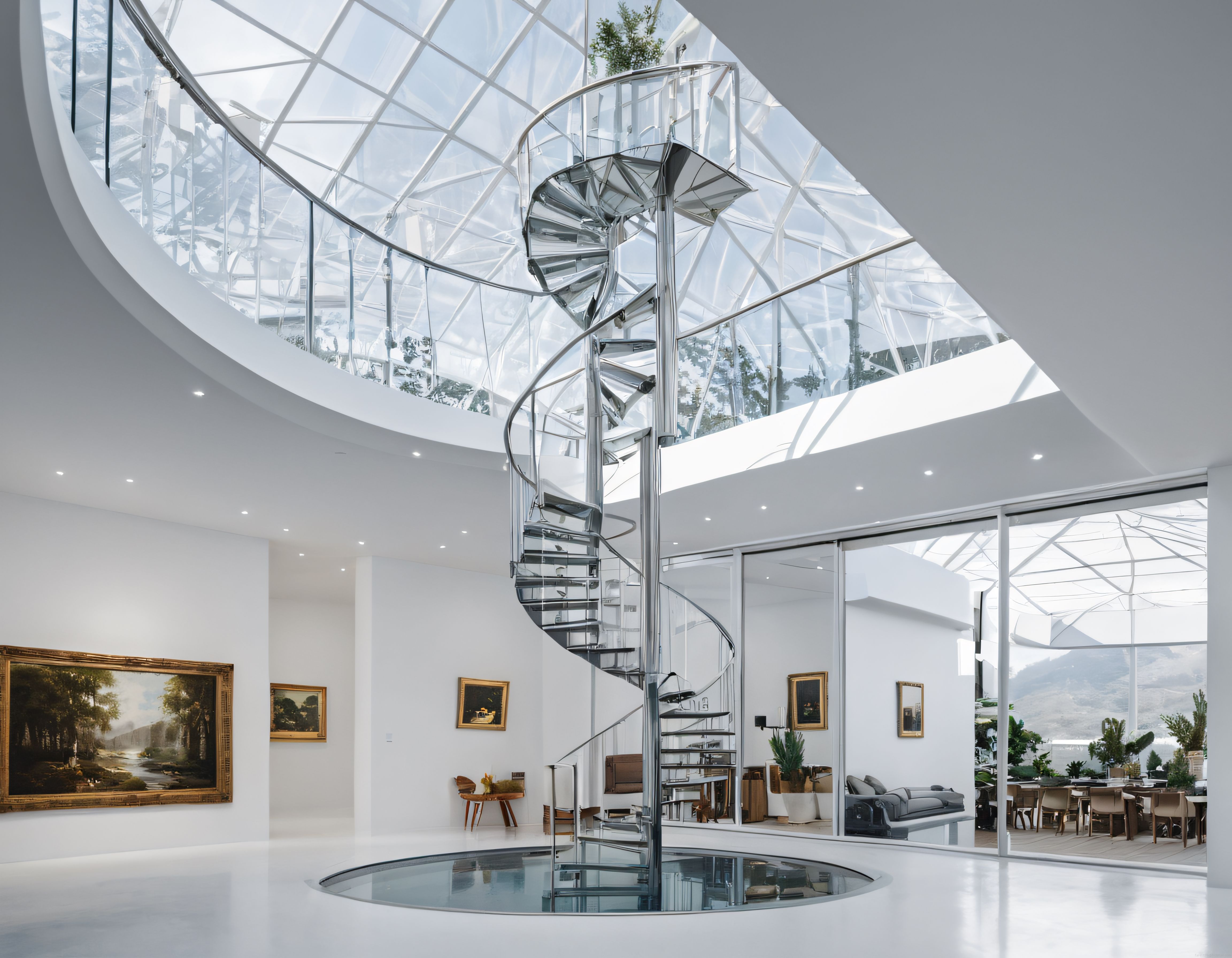 Cam Kubbeli Modern İç Mekanda Sarmal Merdiven ve Minimal Beyaz Tasarım