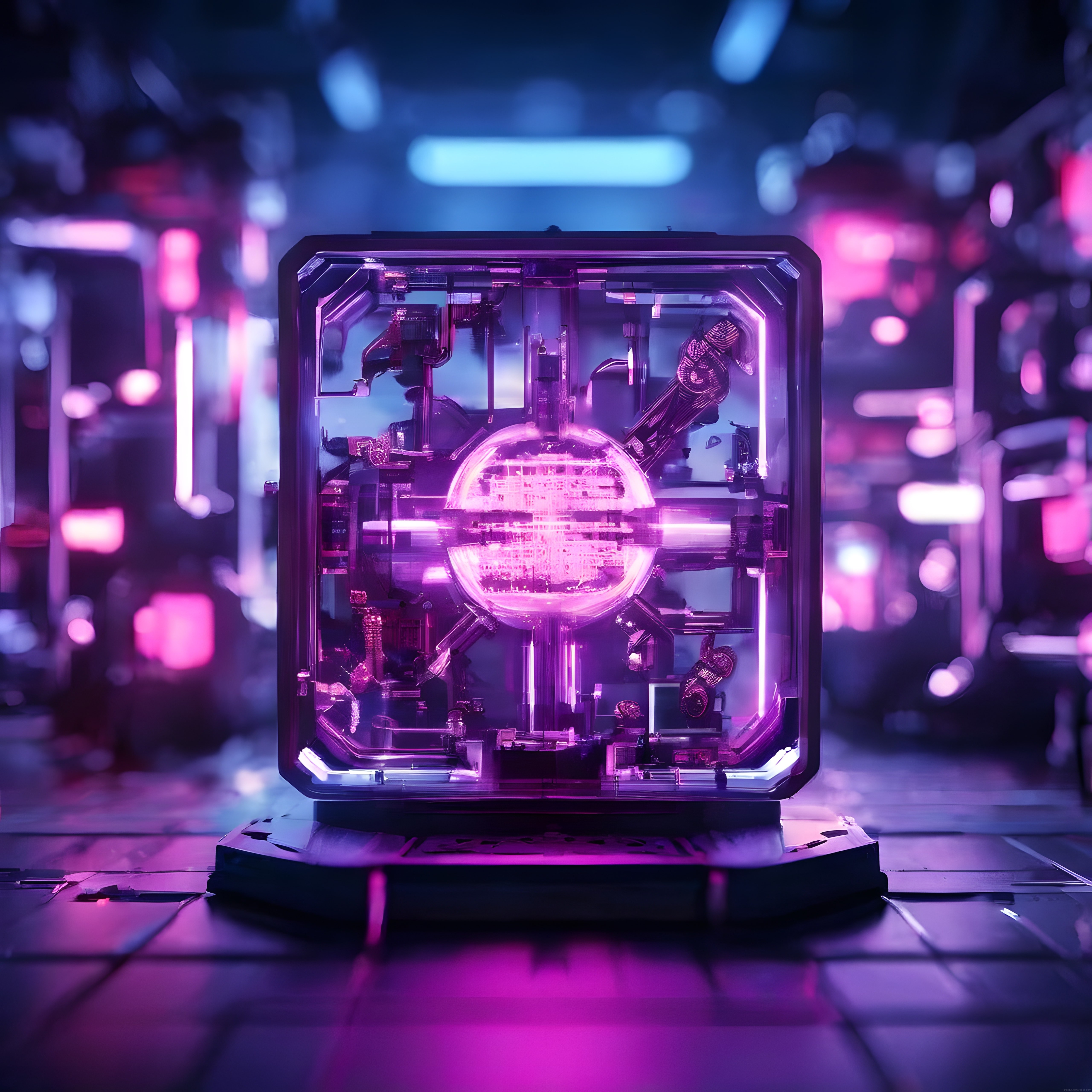 Cam kutuda parlayan fütüristik teknoloji çekirdeği ve neon detaylar