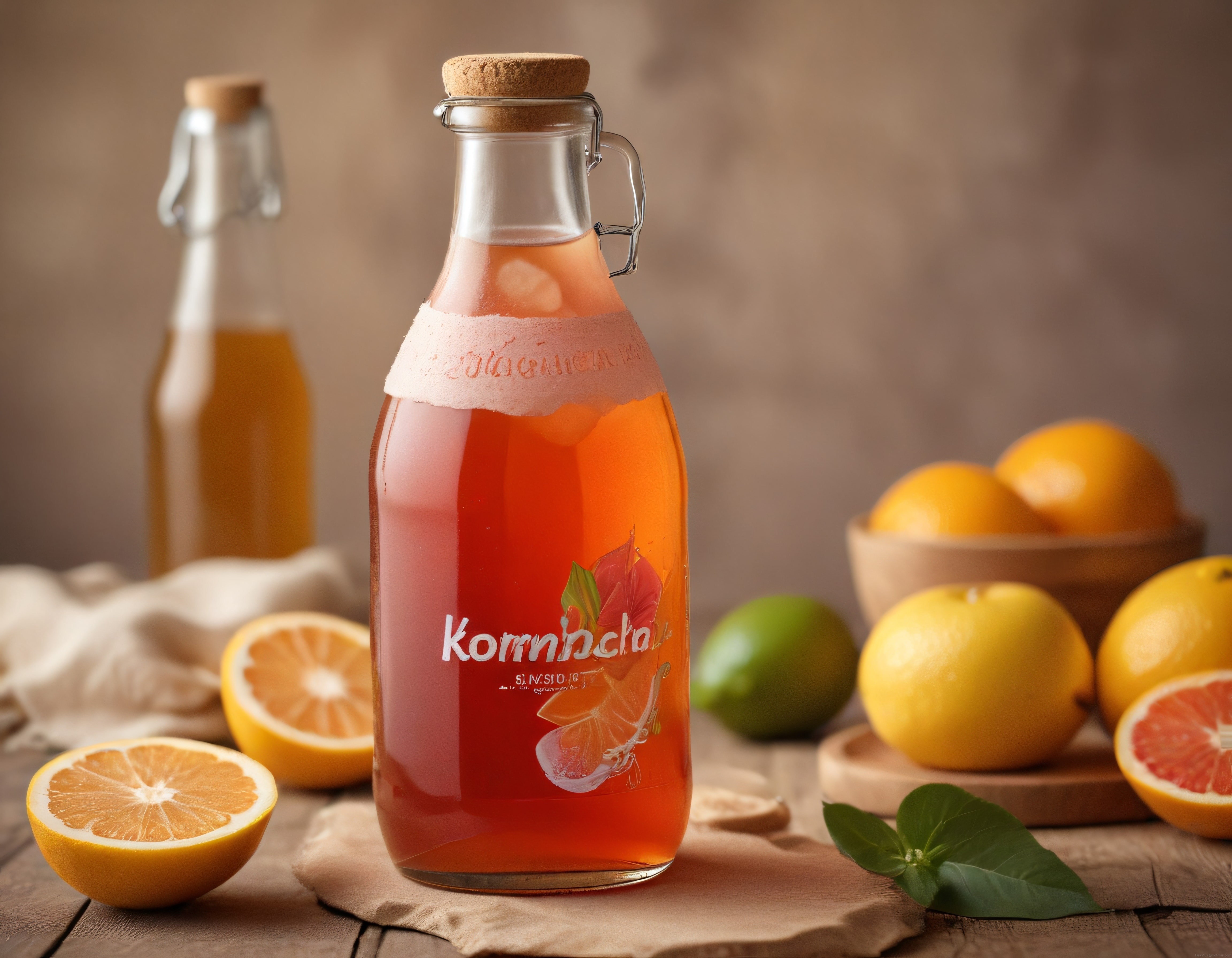 Cam Şişede Fermente Kombucha ve Taze Narenciye ile Rustik Masa Dekoru