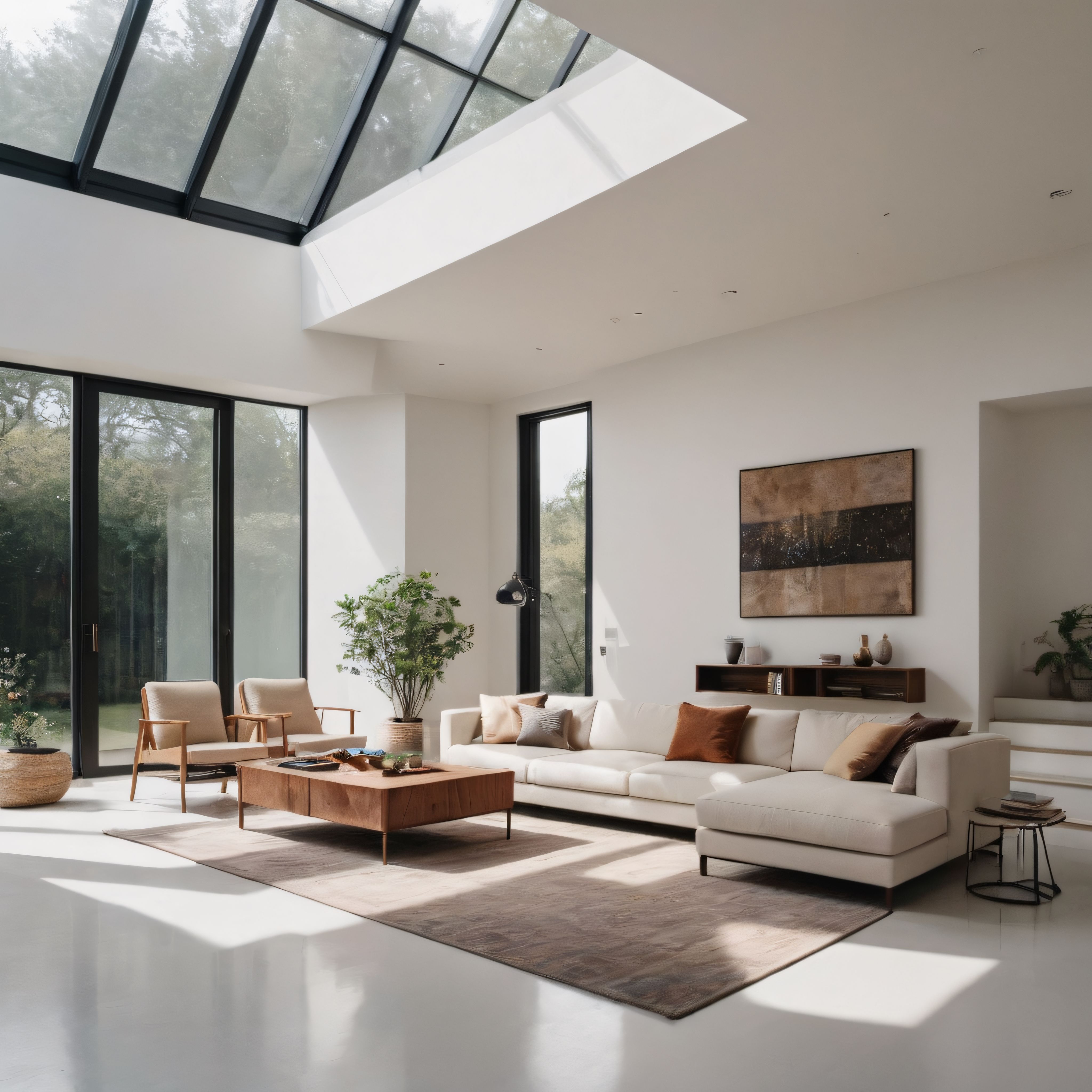 Cam Tavanlı ve Doğal Işıkla Dolu Modern Minimalist Salon Dekorasyonu