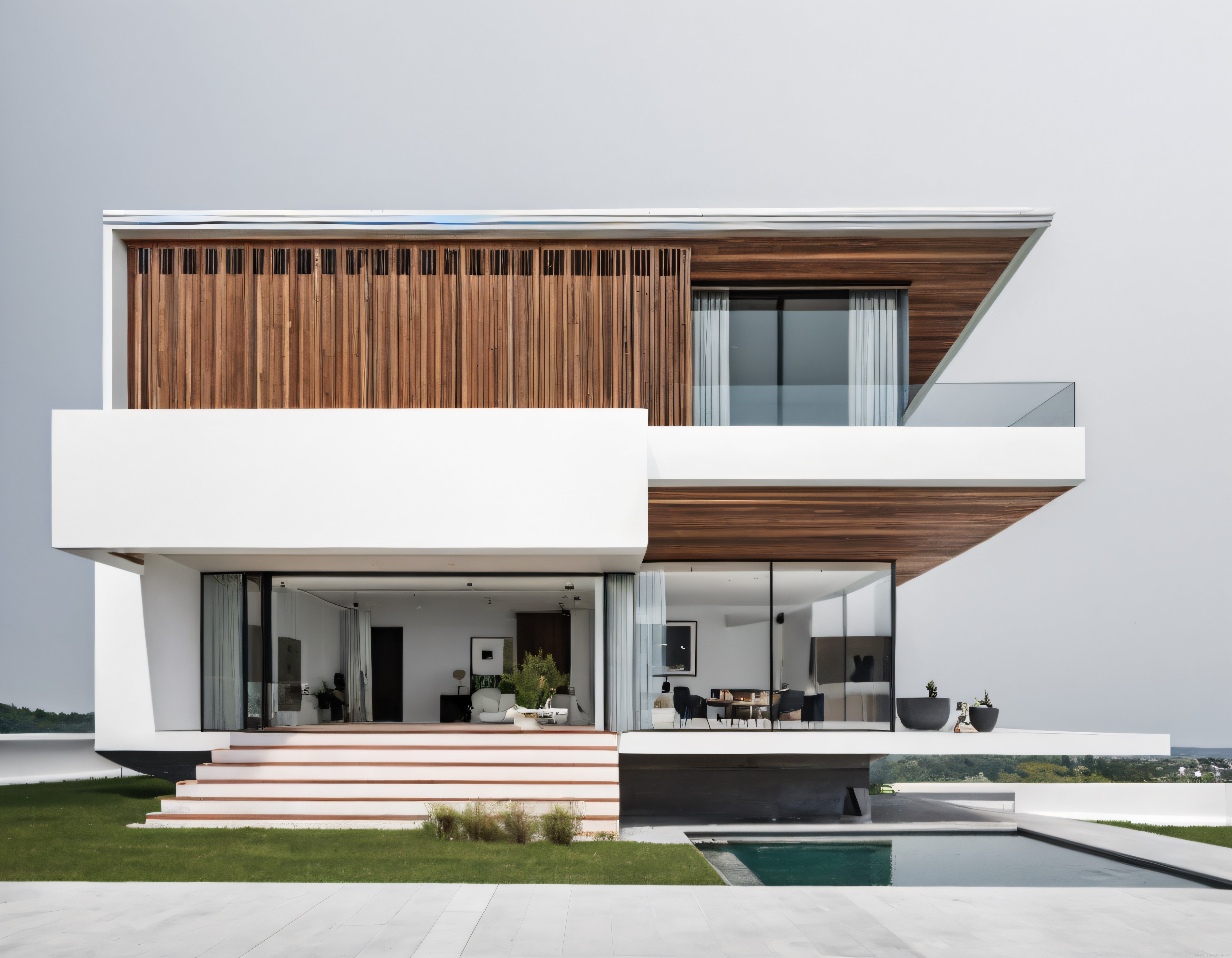 Cam ve Ahşabın Zarif Uyumuyla Tasarlanmış Modern Minimalist Villa Cephesi