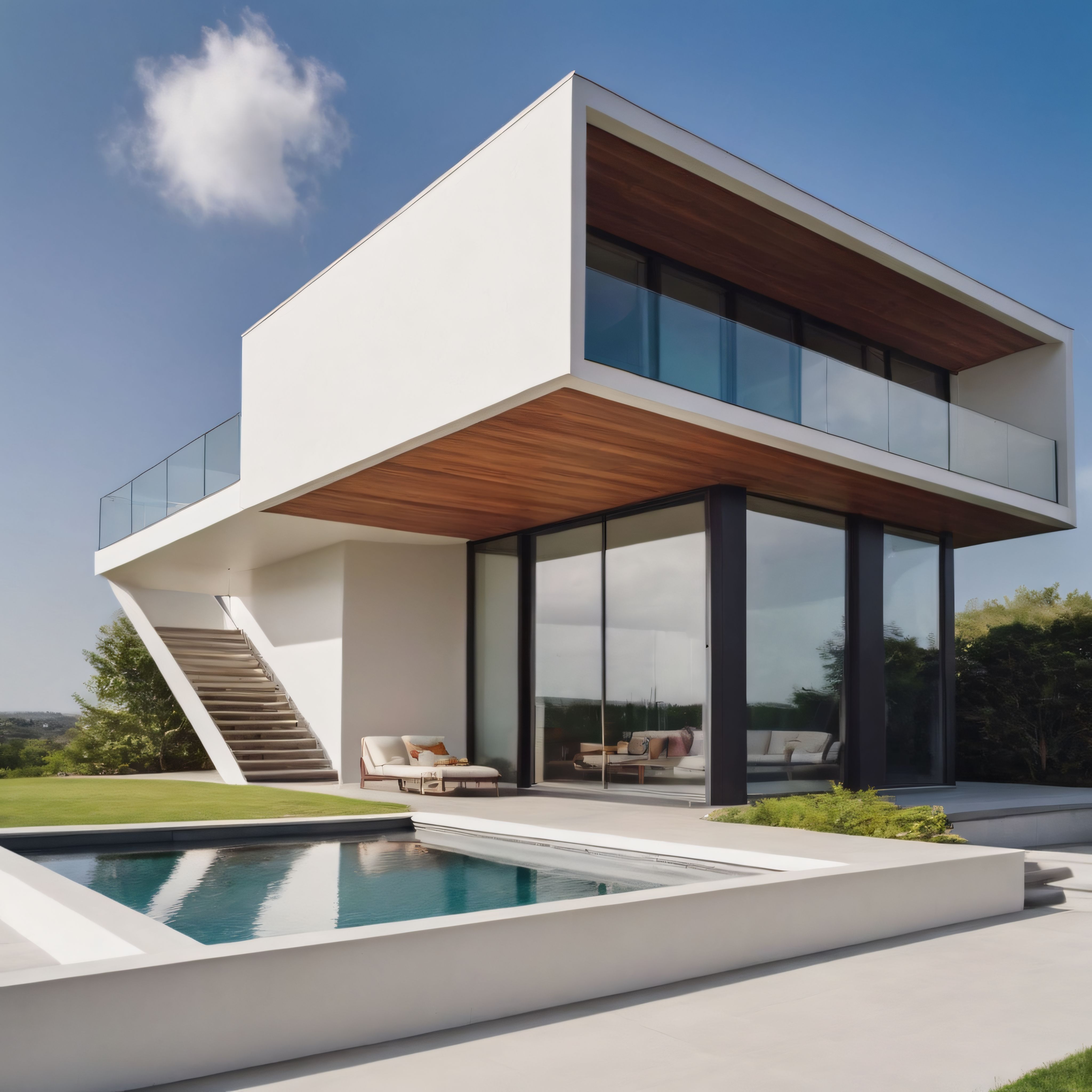 Cam ve Ahşap Detaylarla Tasarlanmış Modern Minimalist Havuzlu Villa