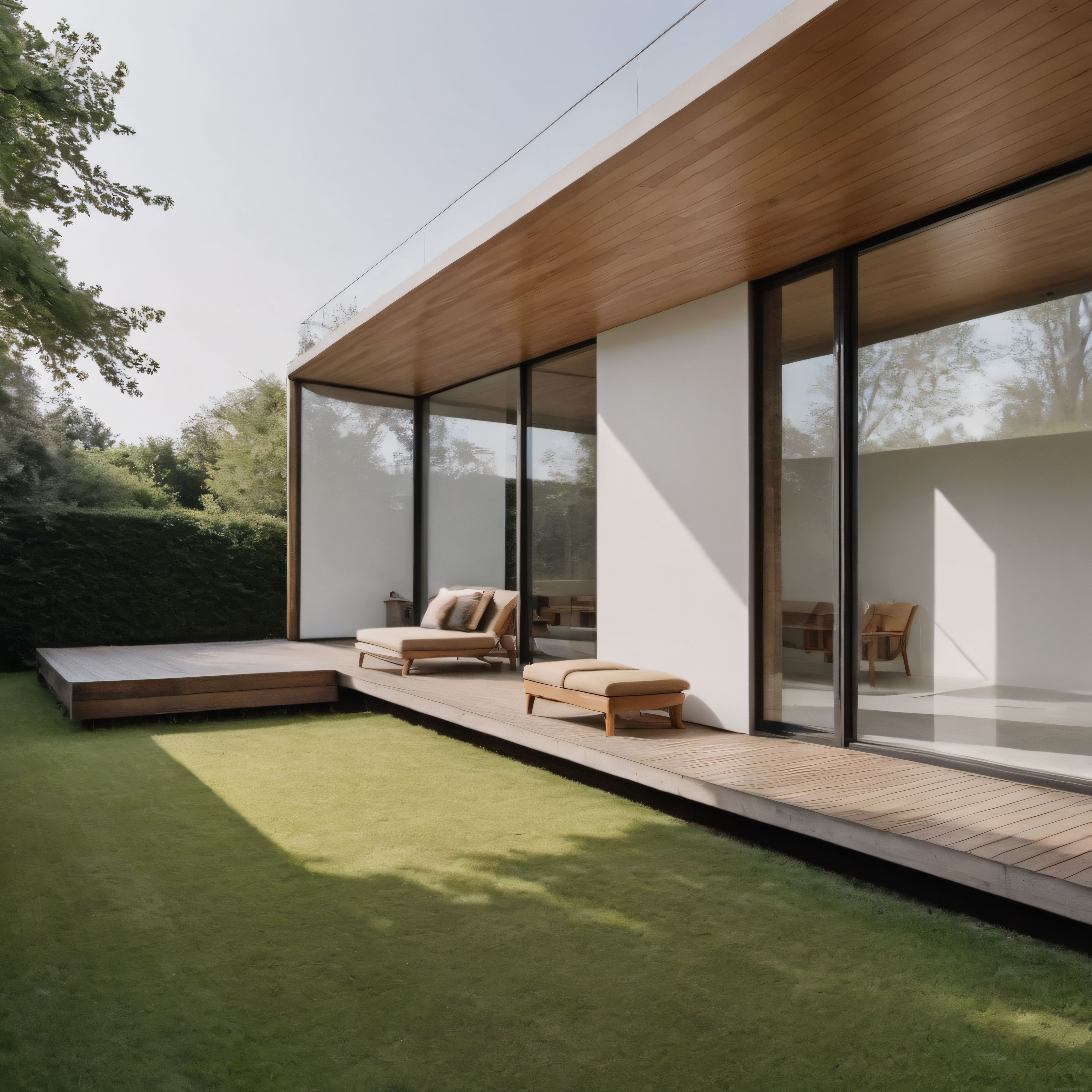 Cam ve Ahşap Detaylı Modern Villanın Huzurlu Bahçe Manzarası
