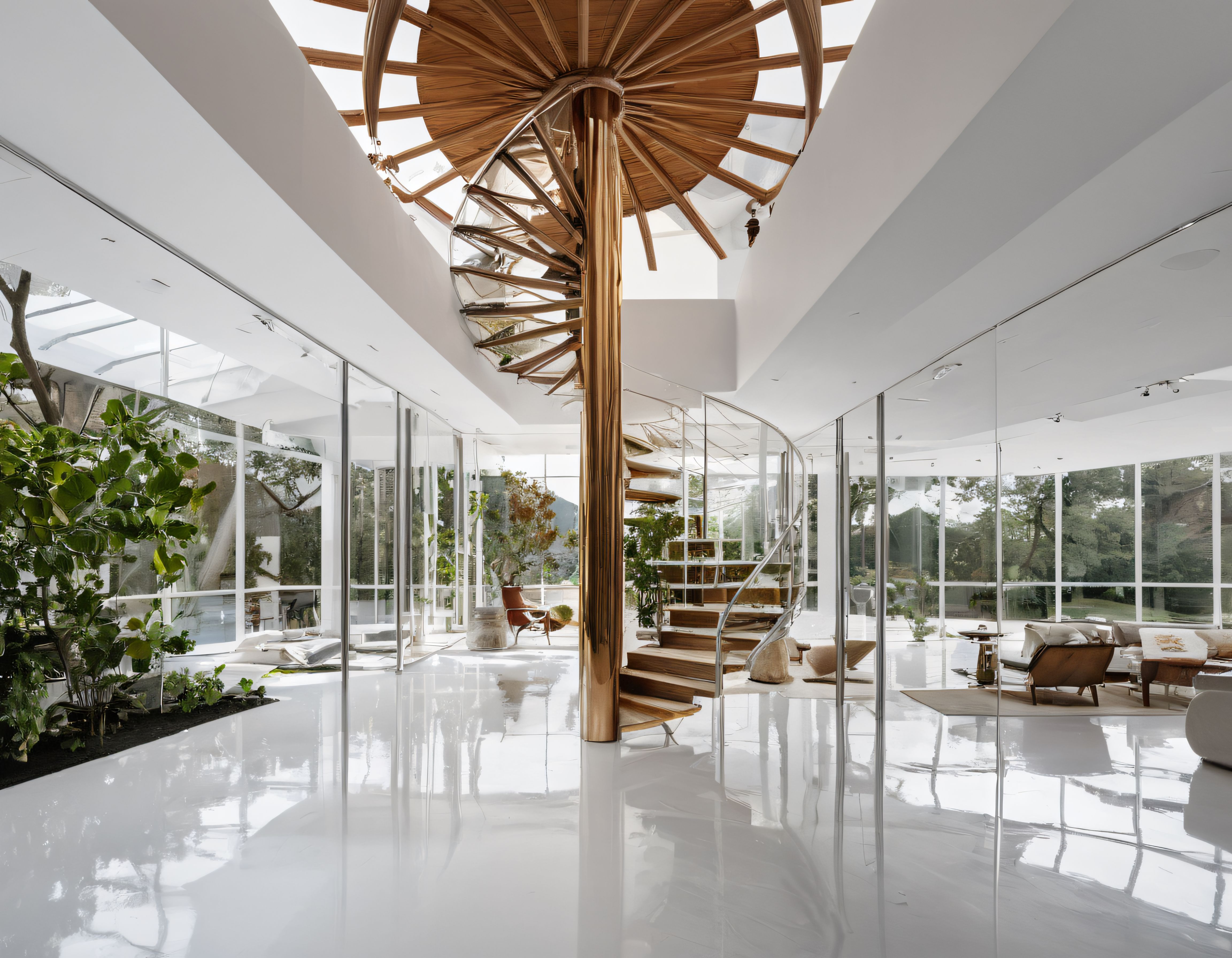 Cam ve Ahşapla Harmanlanan Modern Villa İç Mekanında Spiral Merdiven