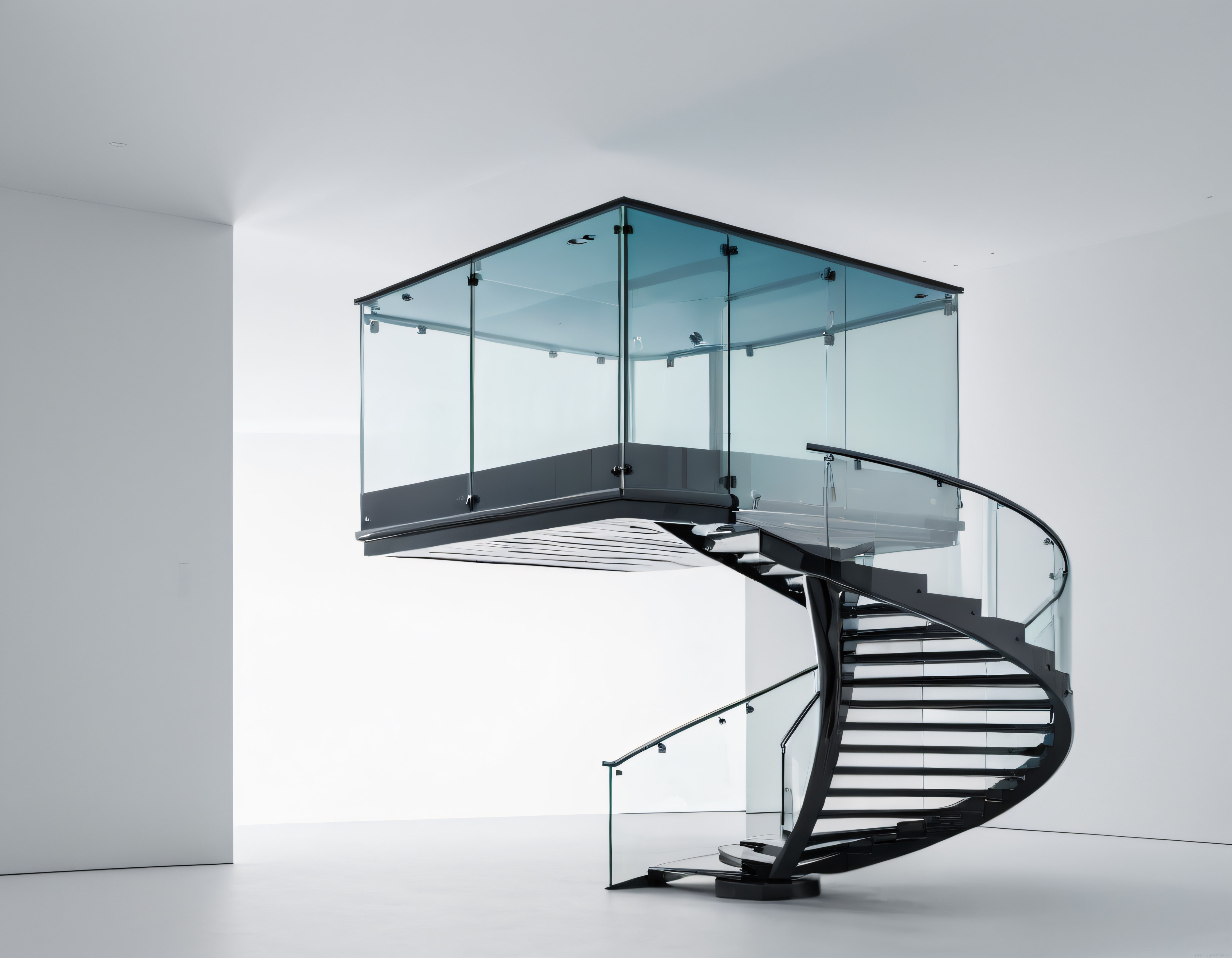 Cam ve Çelikten Oluşan Modern Spiral Merdivenli Minimalist İç Mekan Tasarımı