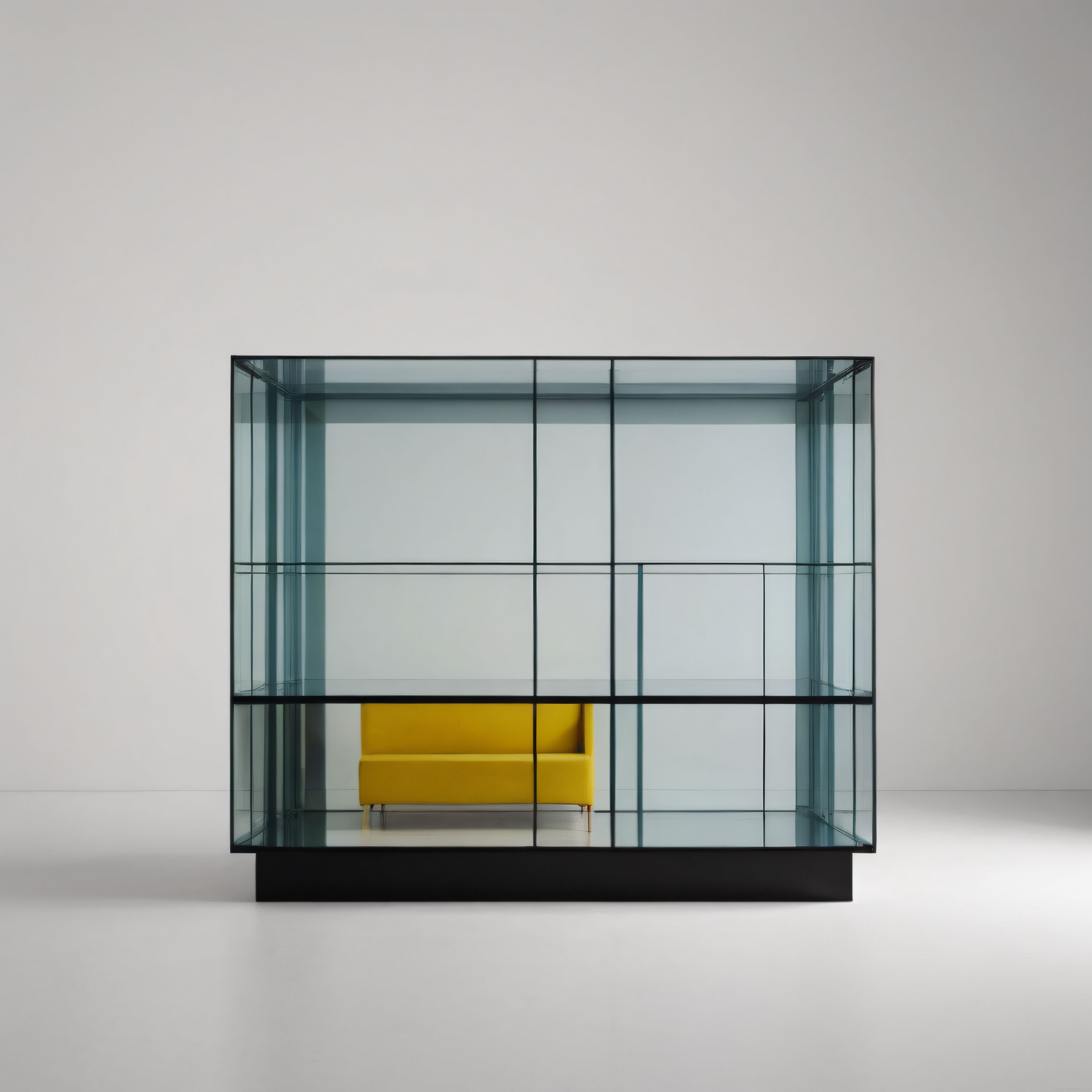 Cam Vitrin İçindeki Sarı Kanepe: Minimalist Müze Sergisi ve Modern Tasarım