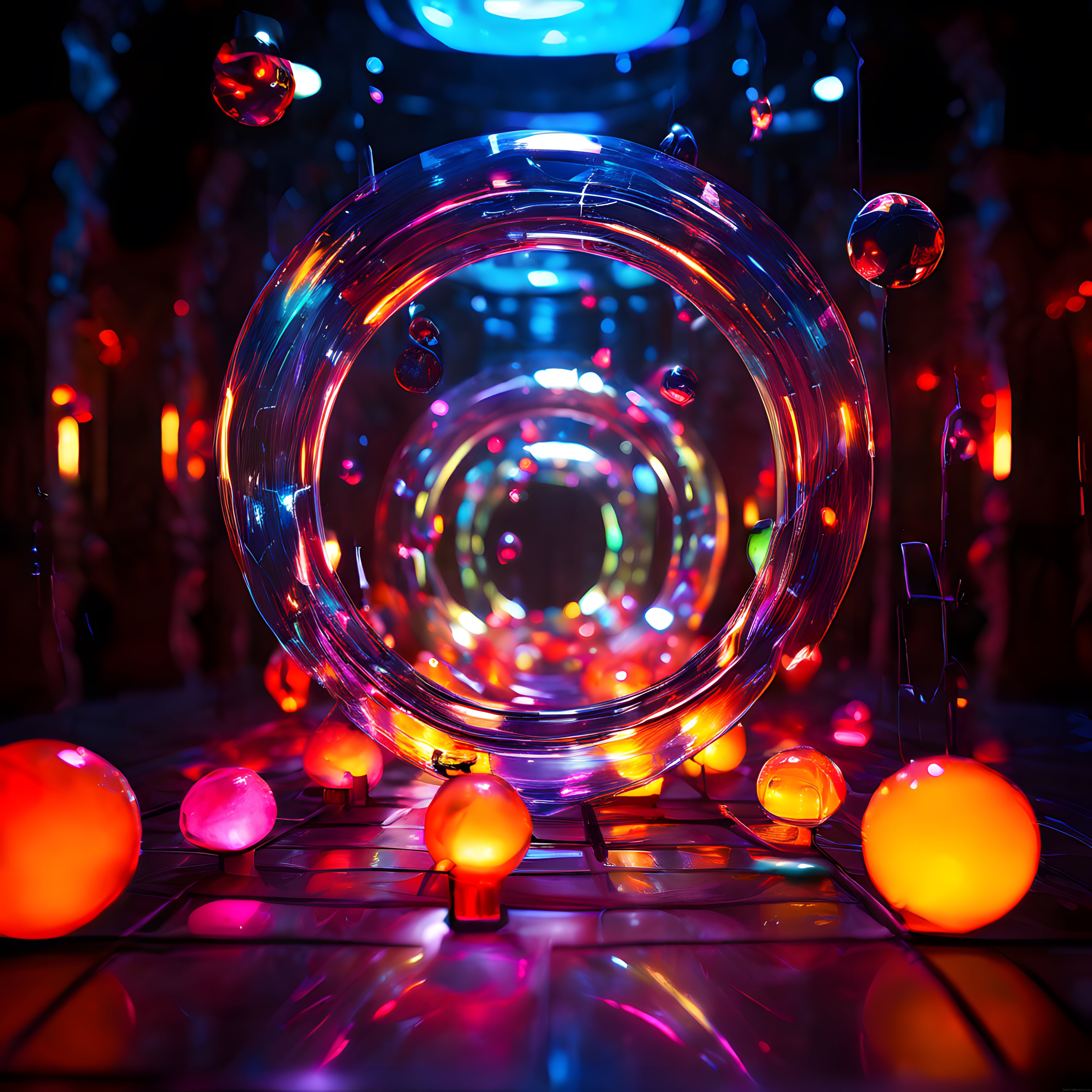 Cam Yüzeyli Neon Tünel ve Kürelerle Soyut Dijital Sanat Eseri