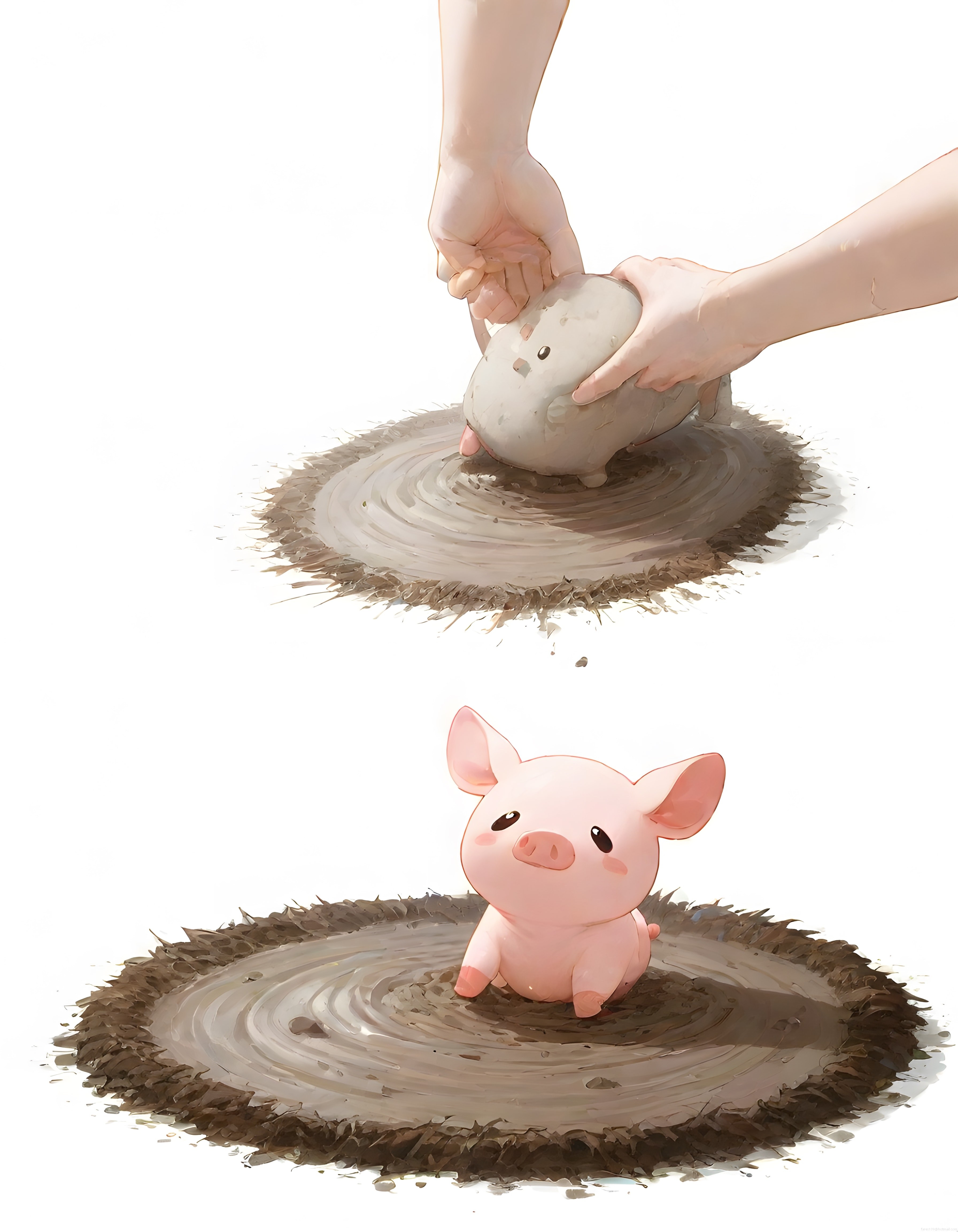 Çamur havuzunda oturan sevimli kawaii domuz yavrusu dijital illüstrasyonu