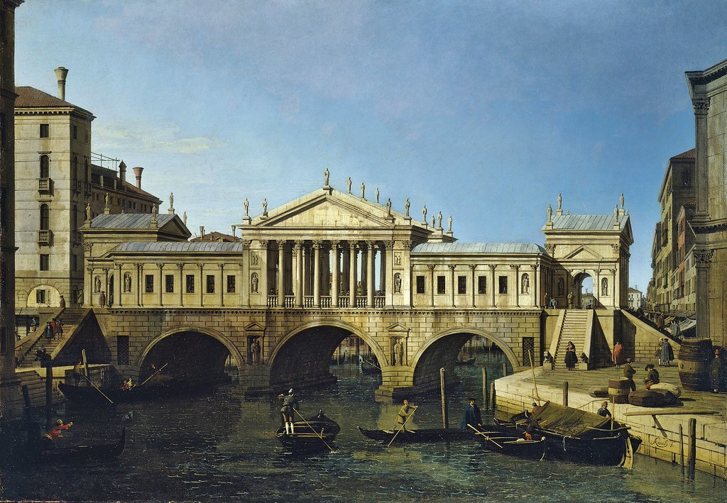 Canaletto Tarzı Venedik Köprüsü ve Gondollarla Tarihi Nehir Manzarası