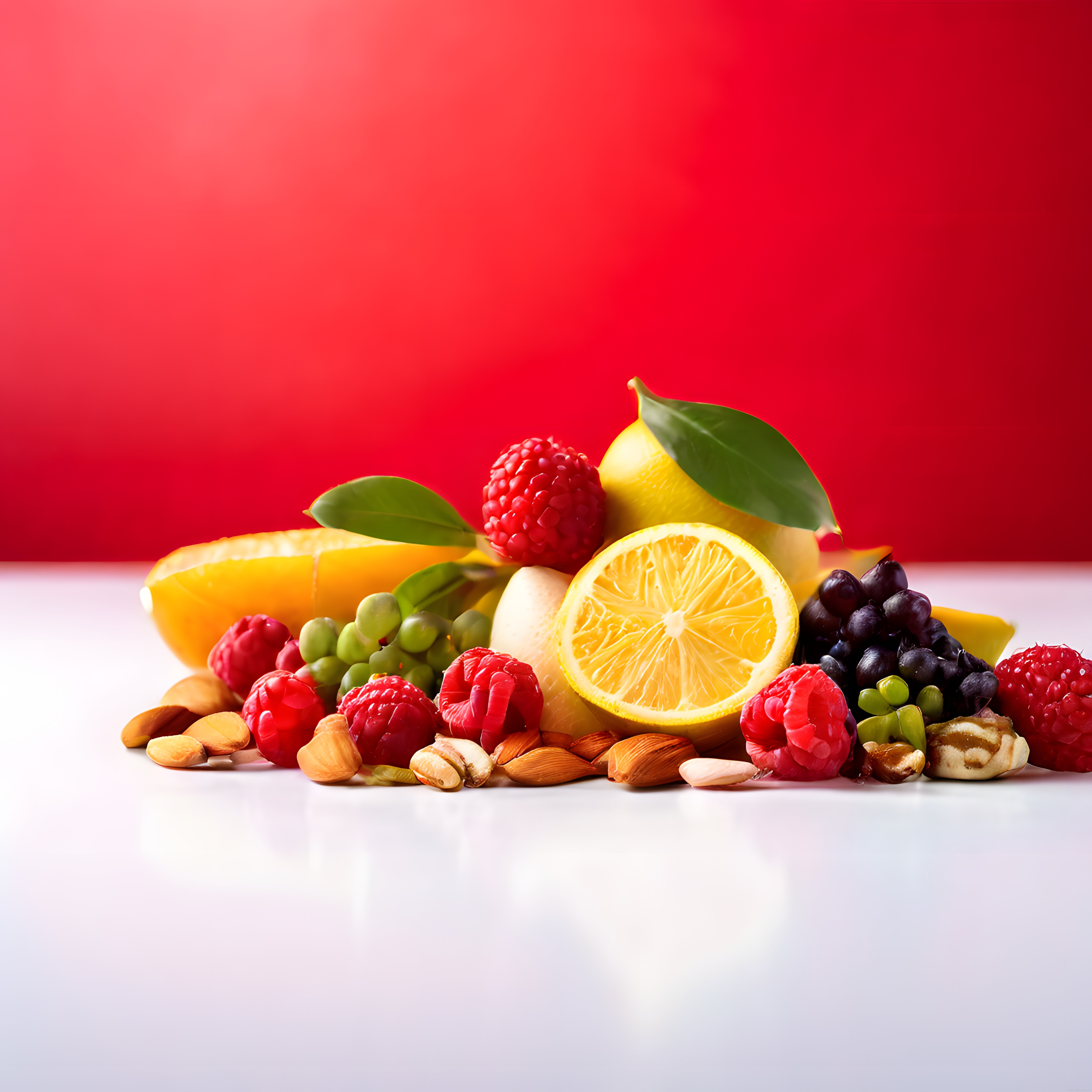 Canlı Kırmızı Arka Planda Limon Ahududu ve Çeşitli Kuruyemişler