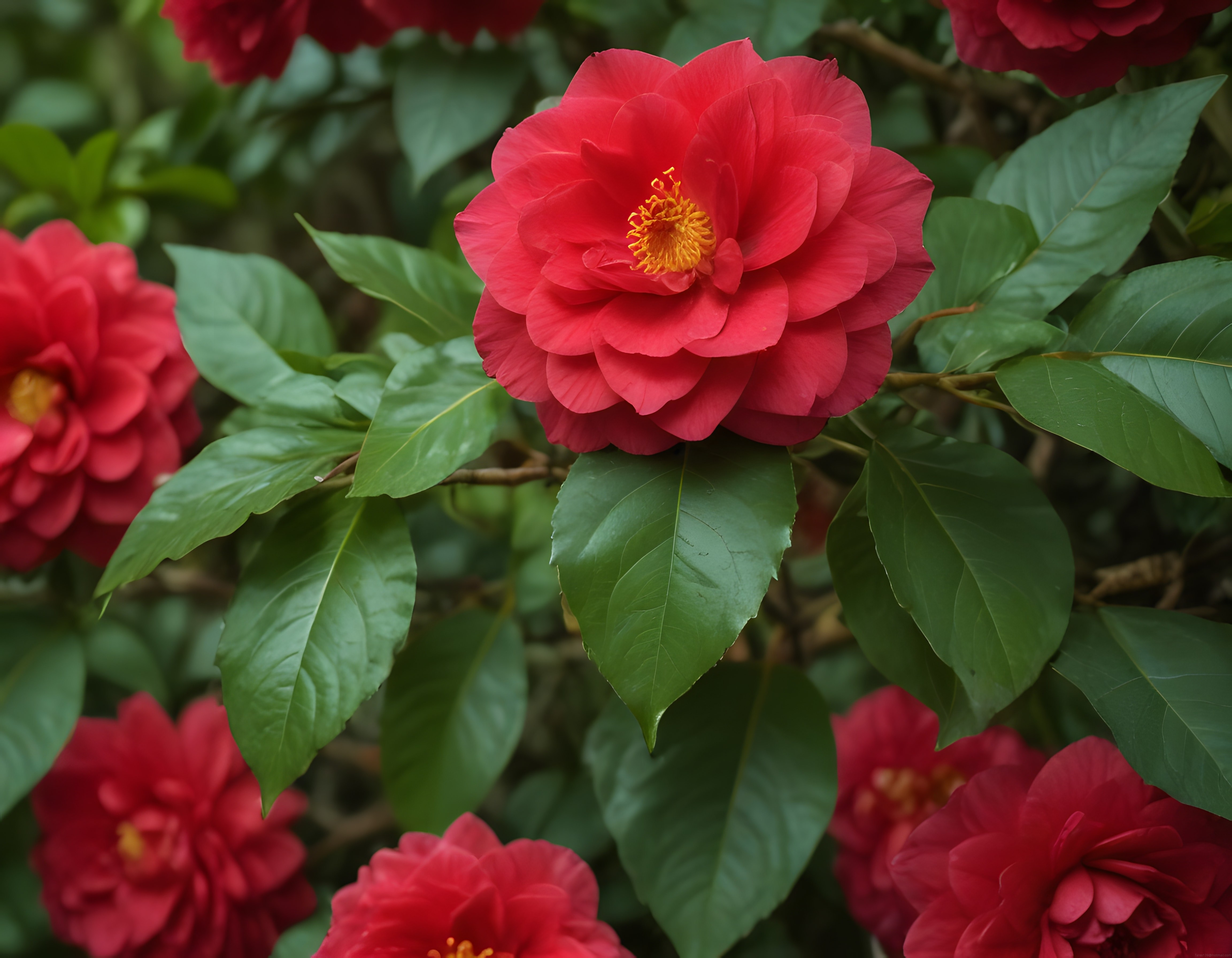 Canlı Kırmızı Kamelya Çiçekleri ve Yemyeşil Yapraklarla Dolu Bahar Manzarası