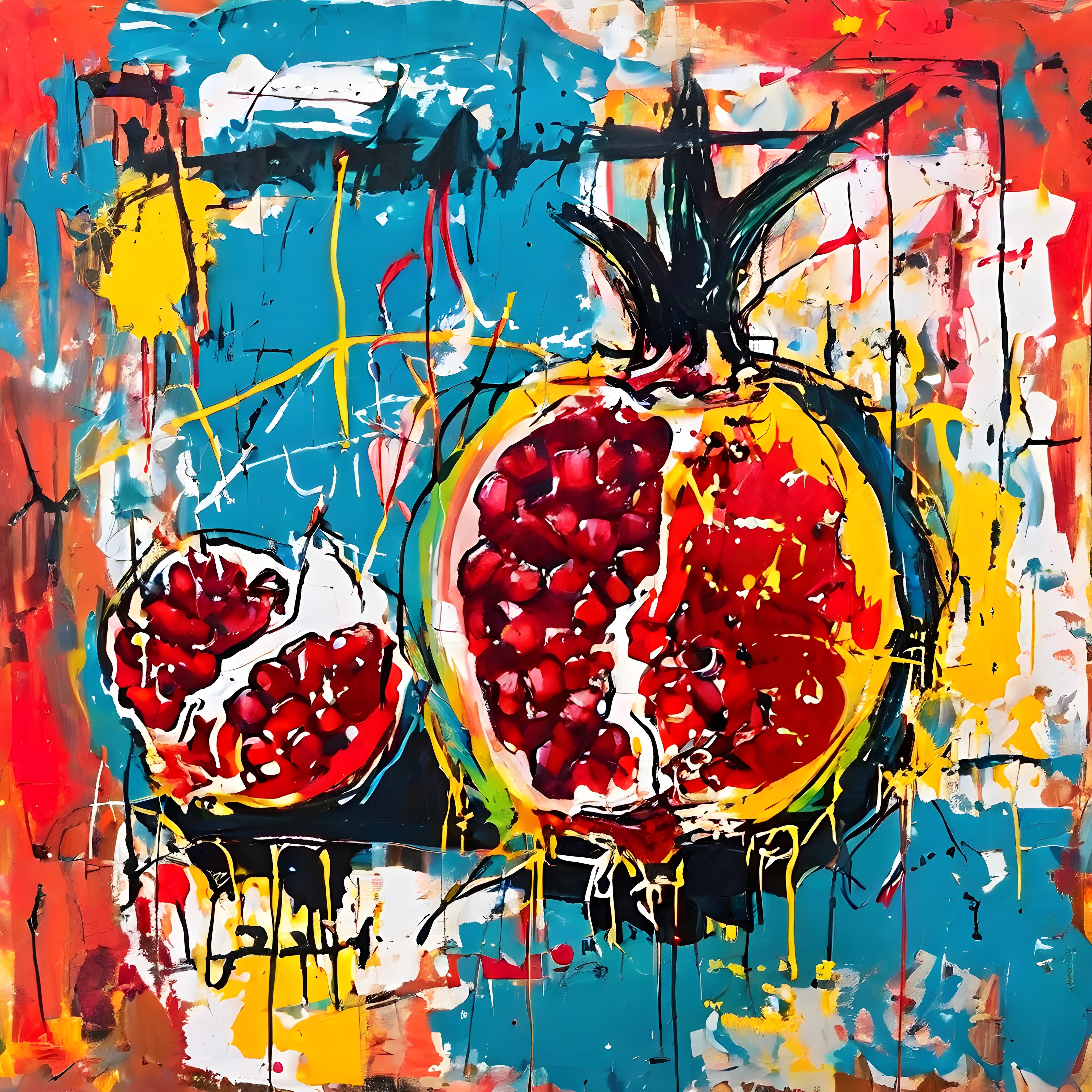 Canlı Mavi ve Kırmızı Tonlarda Soyut Fırça Darbeleriyle Nar Ananas Natürmortu