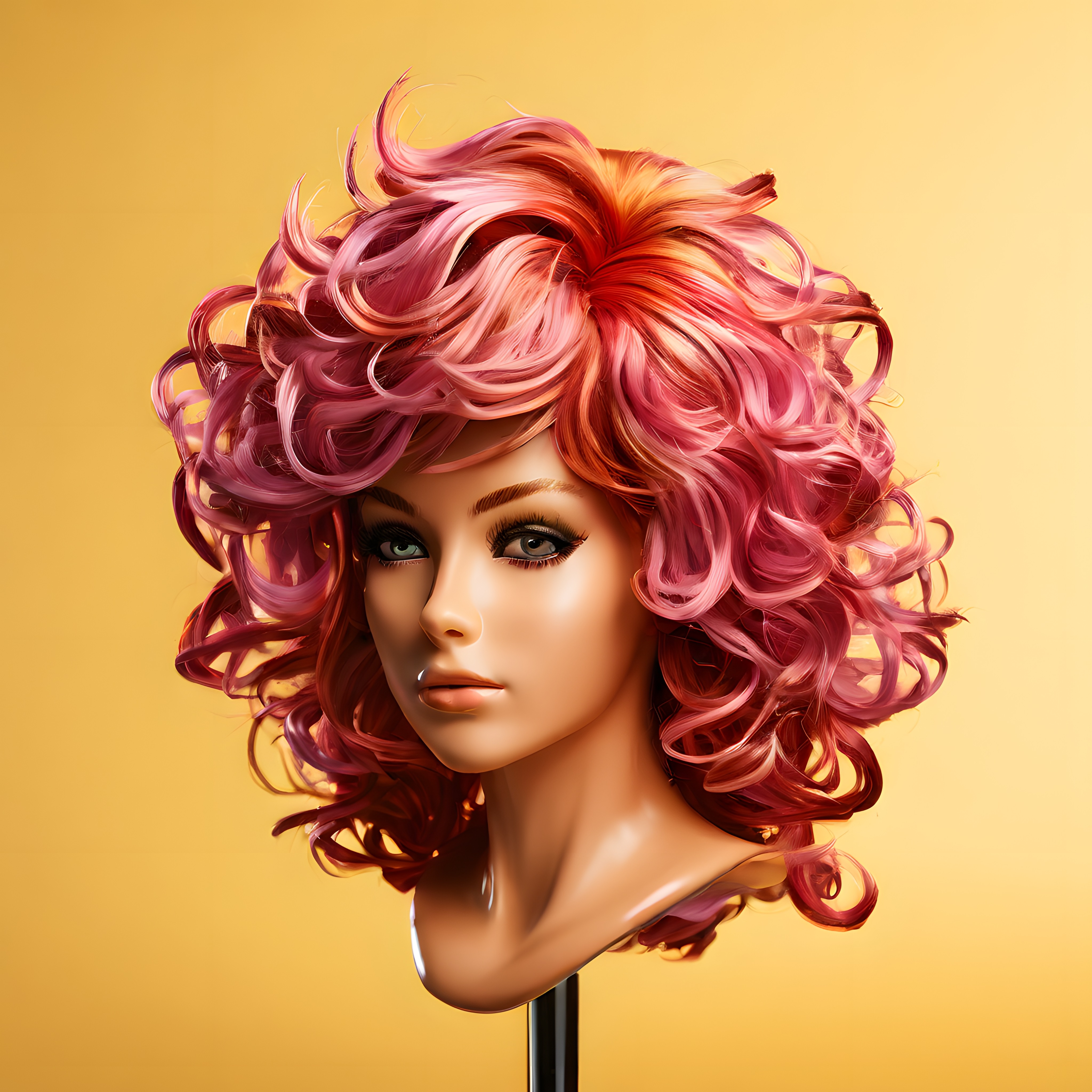 Canlı Pembe ve Kırmızı Tonlarında Kıvırcık Saçlı Modern Manken Başı Tasarımı