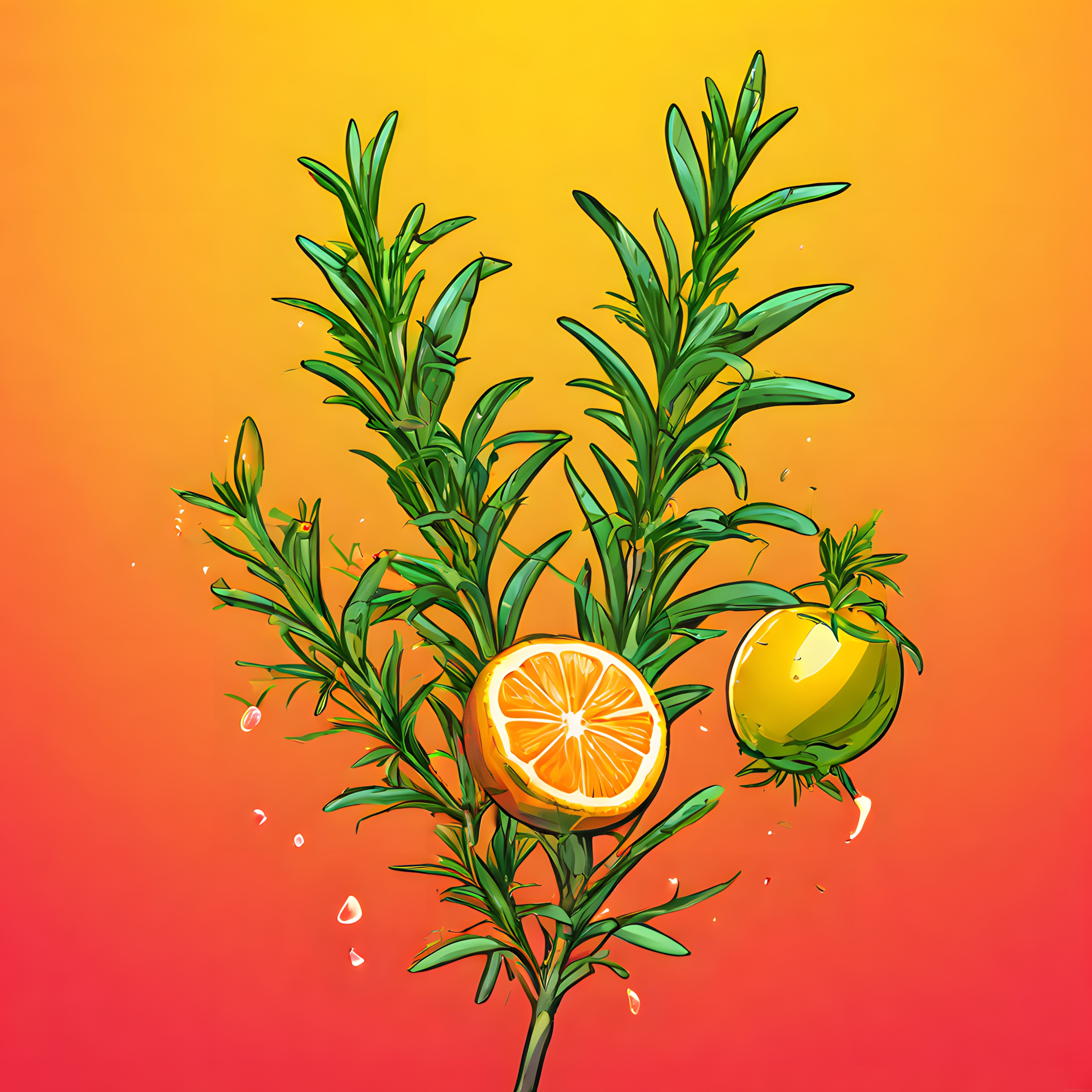 Canlı Renklerde Biberiye Portakal ve Limon Dijital Sanat Çalışması