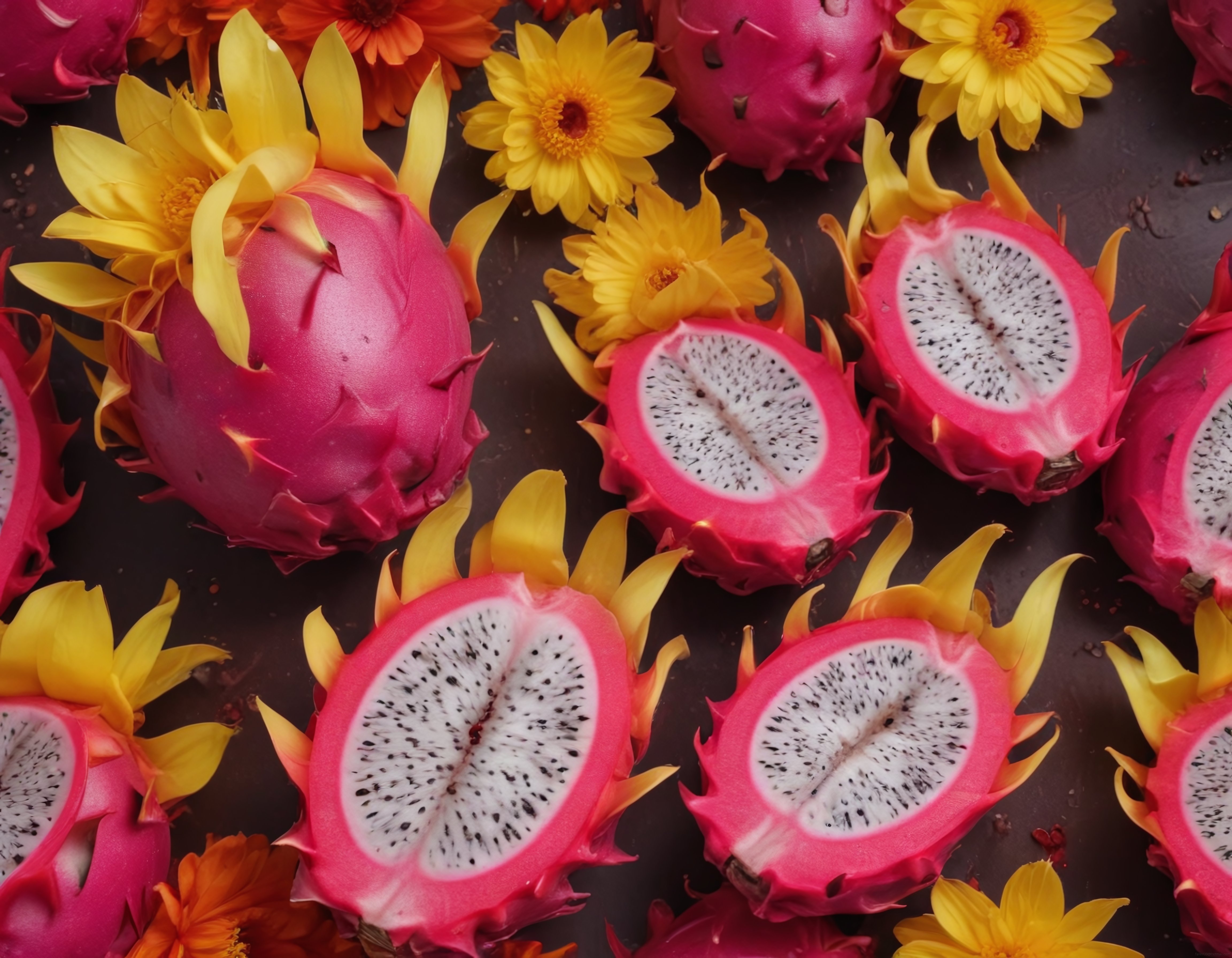 Canlı Renklerde Taze Pitaya Ejderha Meyvesi ve Sarı Çiçeklerle Egzotik Sunum