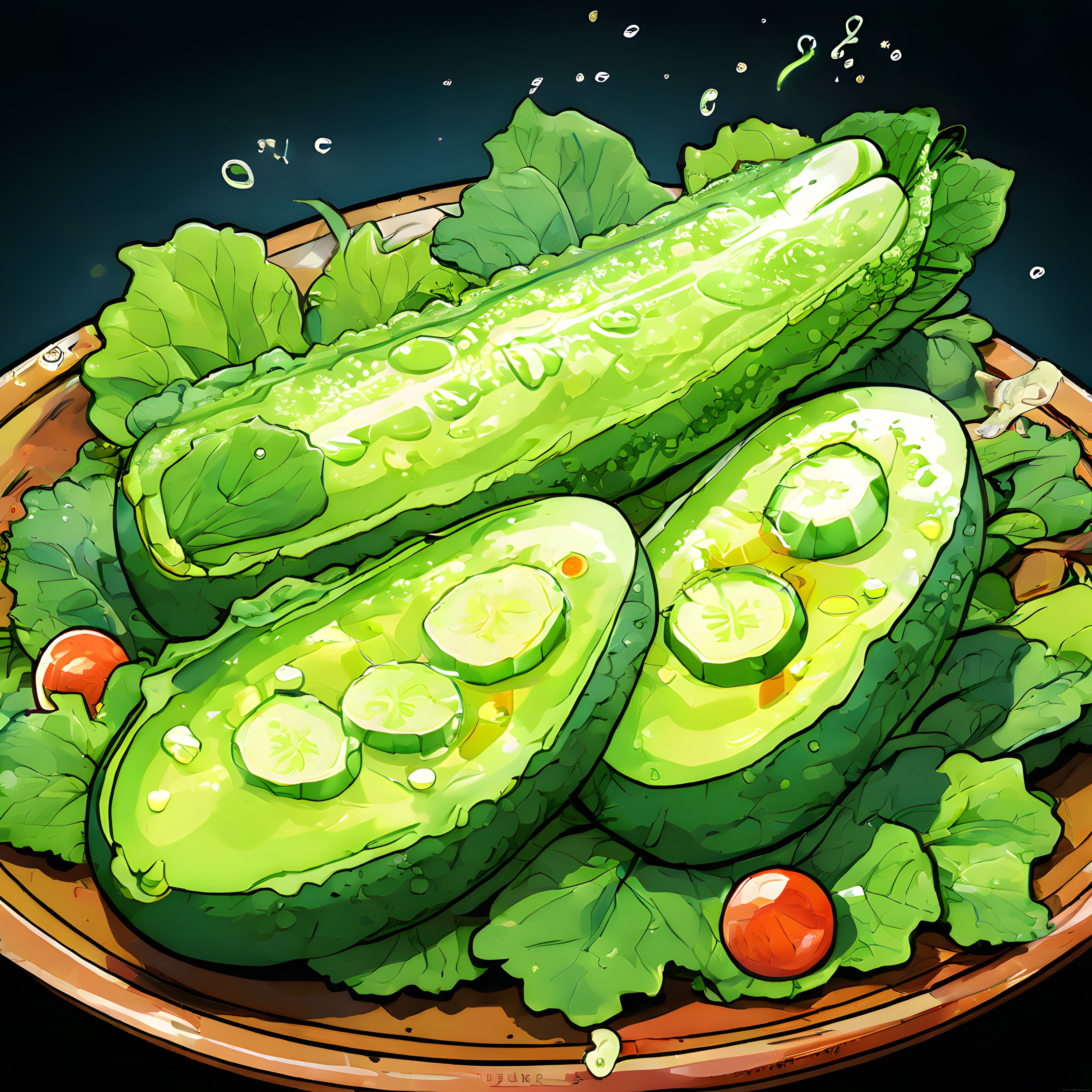 Canlı Renklerle Anime Tarzı Avokado Salatası ve Taze Yeşillik Sunumu