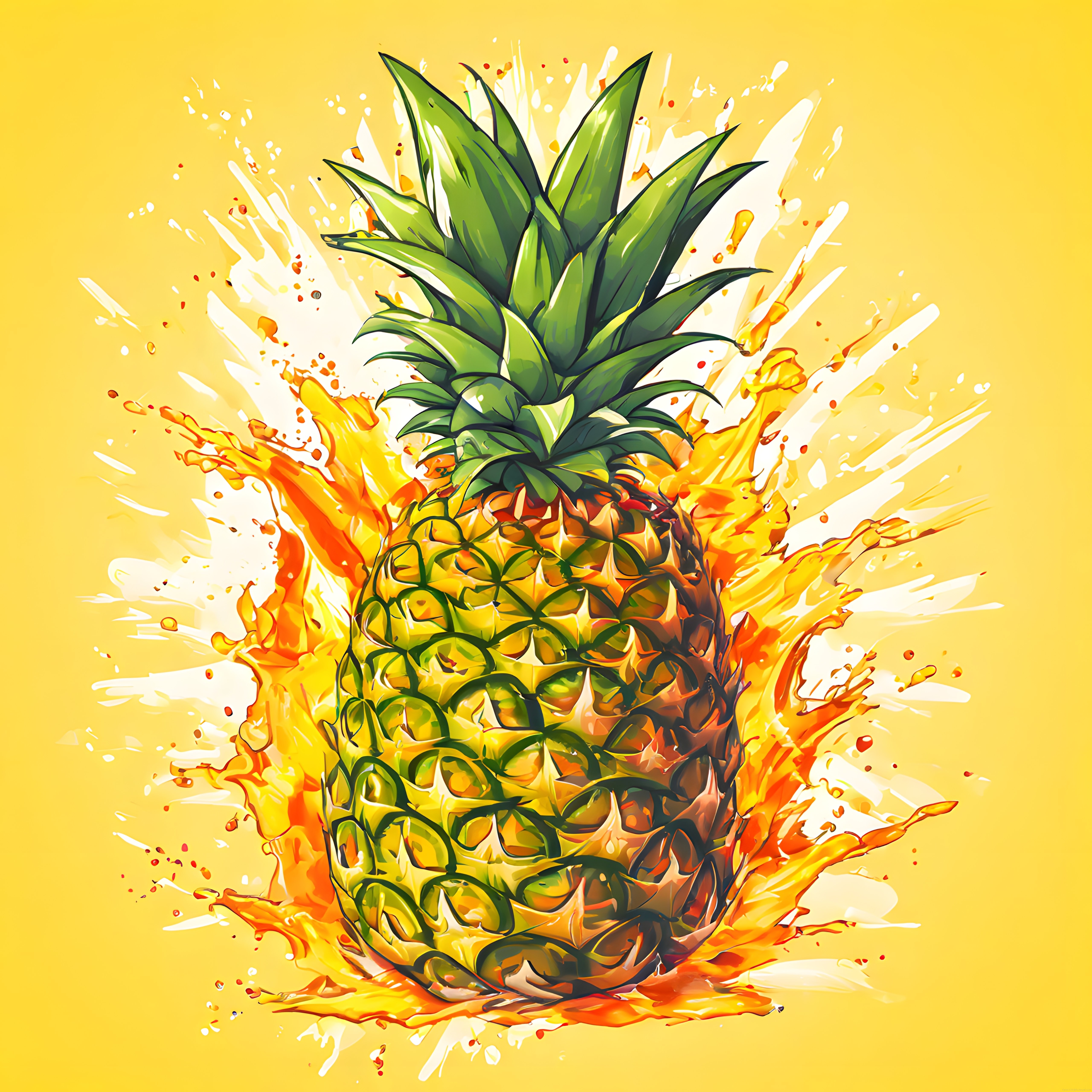 Canlı Sarı Fonda Taze Ananas ve Sıçrayan Meyve Suyu Dijital İllüstrasyon