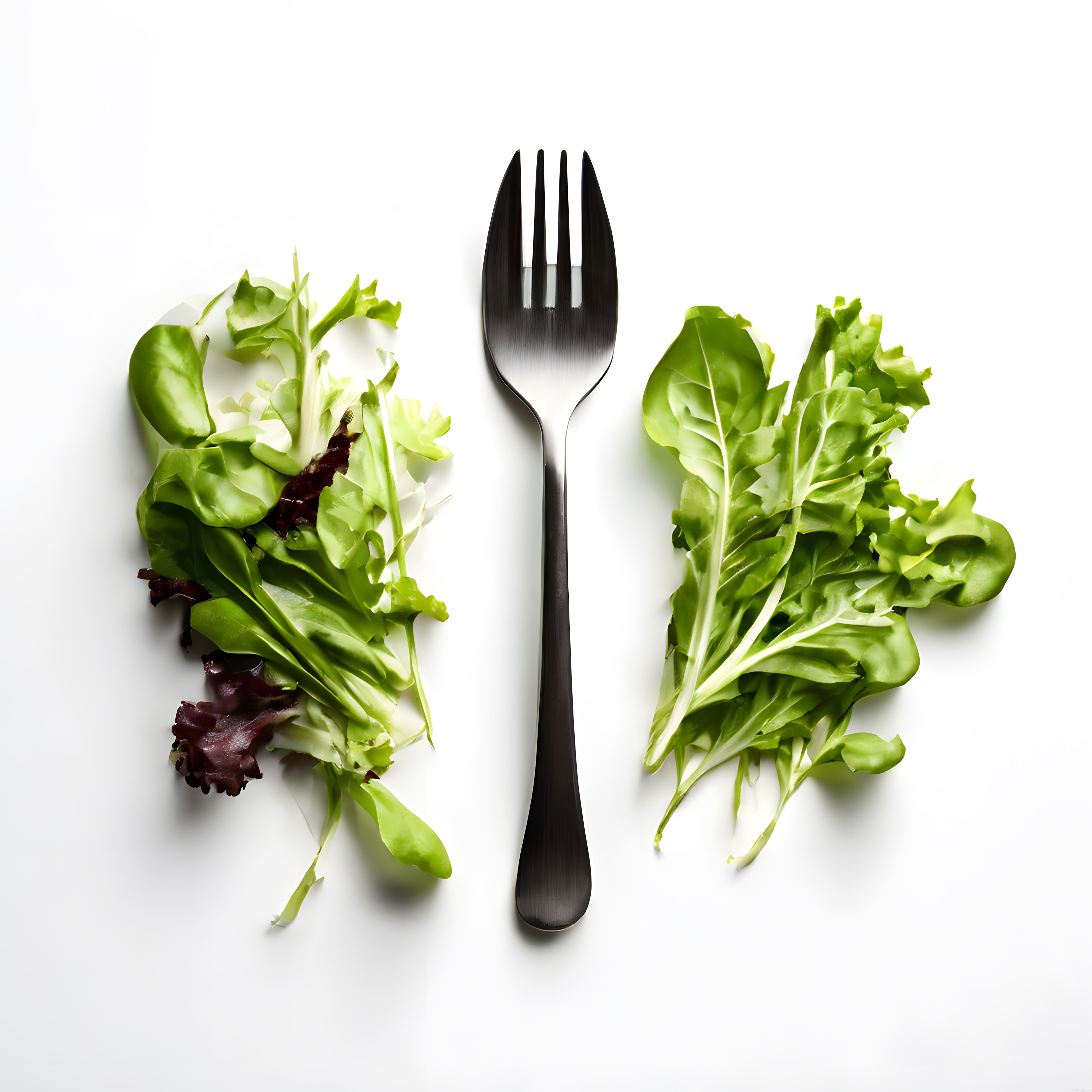 Çatal ve taze salata yapraklarıyla beyaz zeminde minimalist beslenme anlayışı