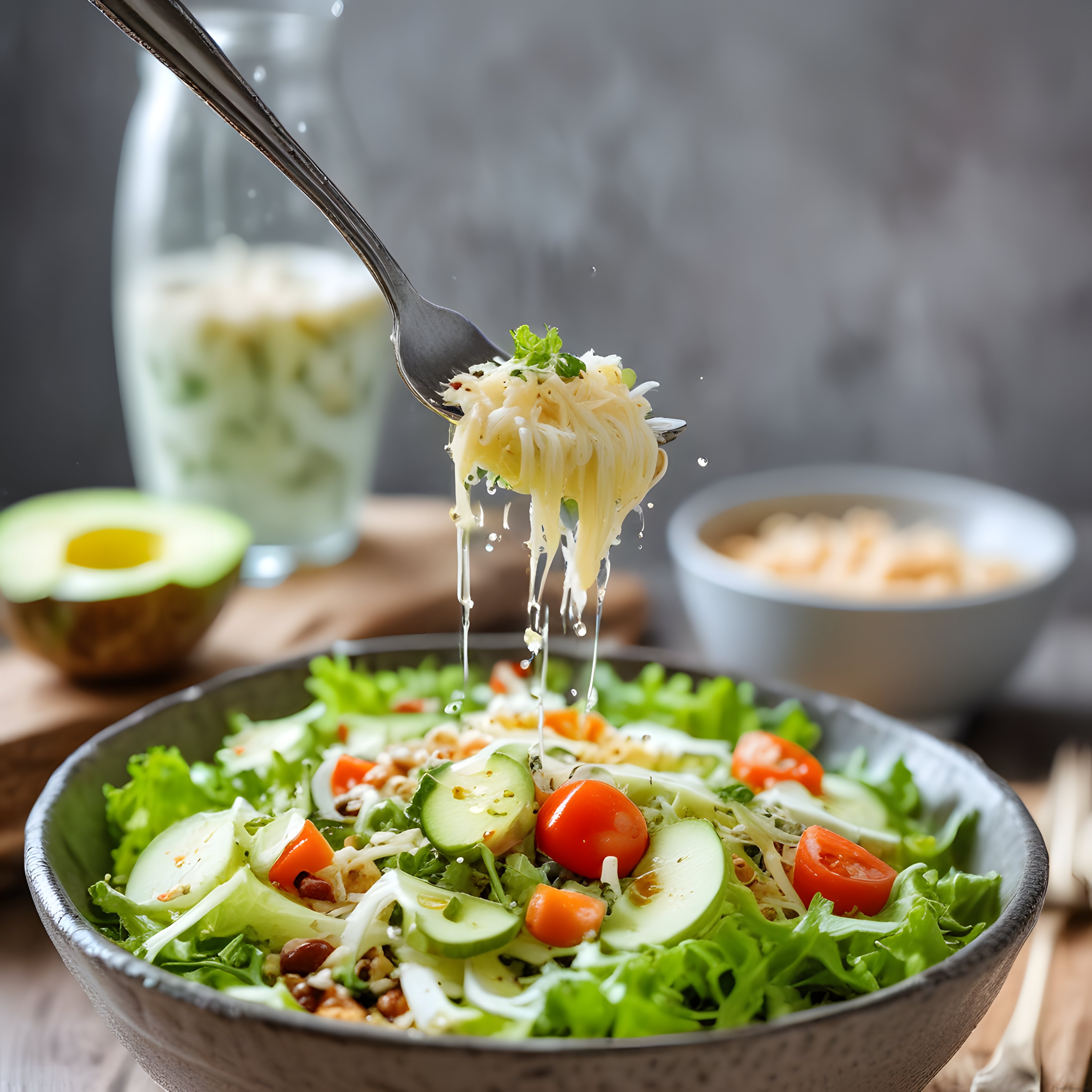 Çatalda Erimiş Peynir ve Taze Yeşilliklerle Avokadolu Salata Sunumu