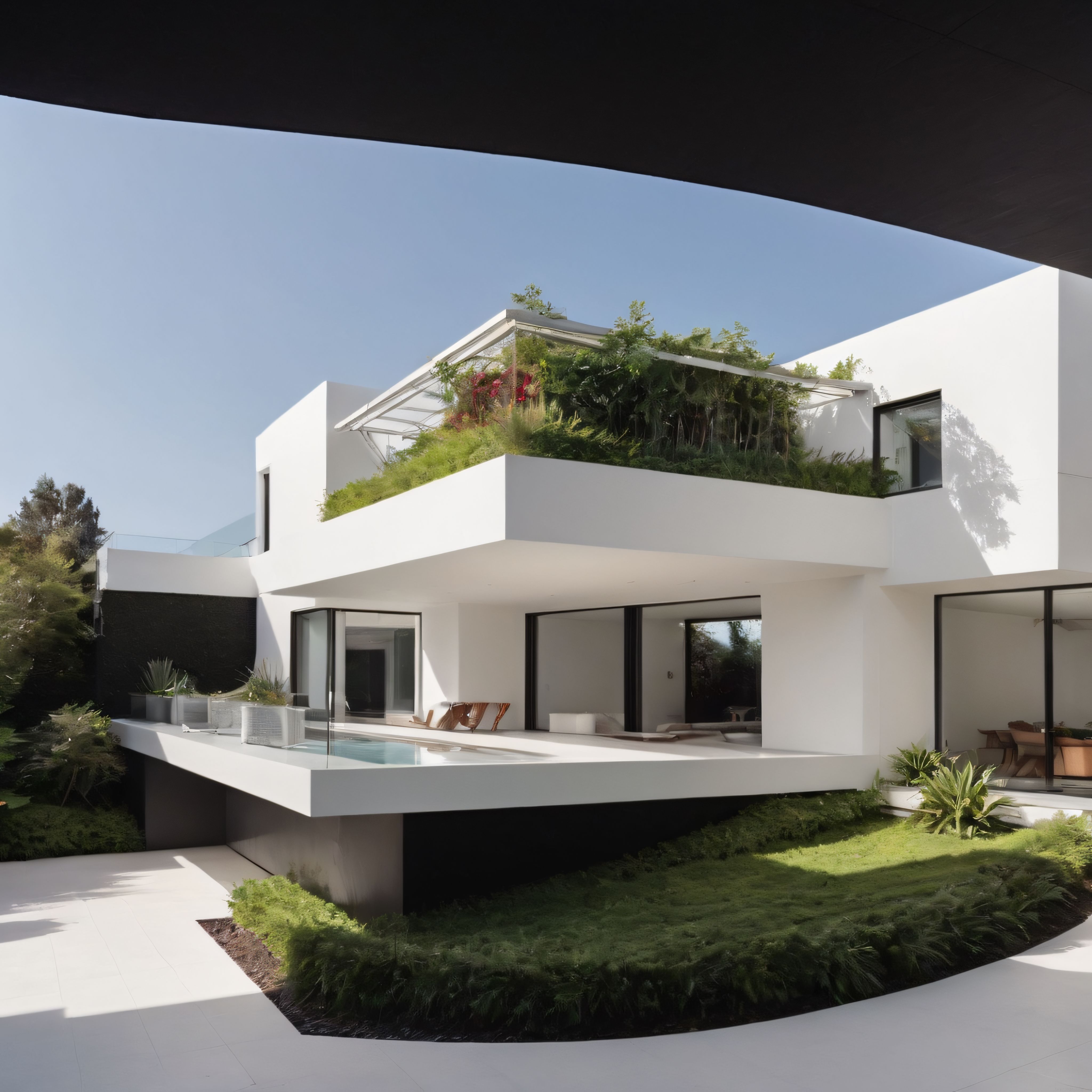 çatı bahçeli ve havuzlu ultra modern beyaz villa mimari görüntüsü