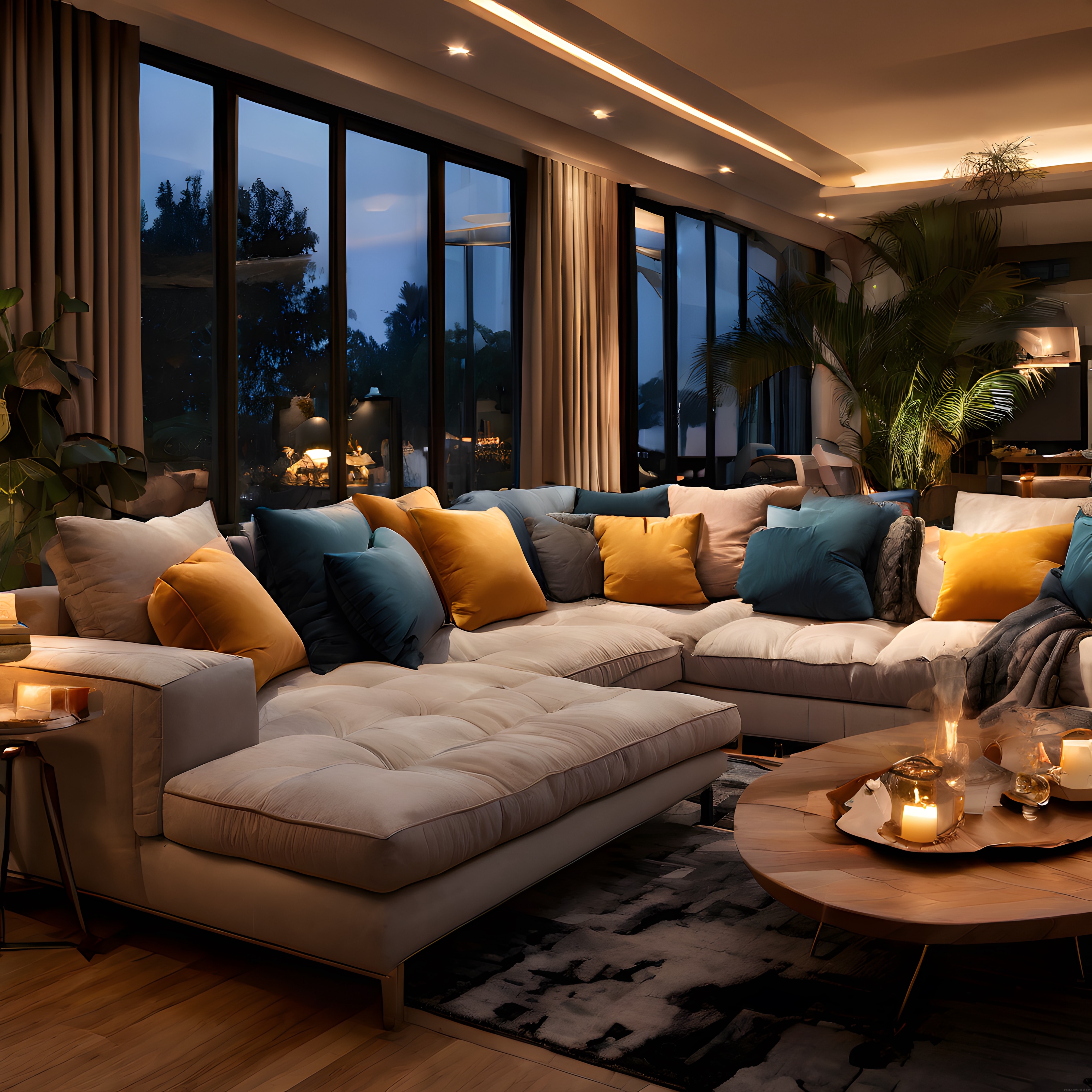 Çatı Katı Salon: Gece Manzarası, Renkli Yastıklar ve Mum Işığıyla Lüks Dekorasyon