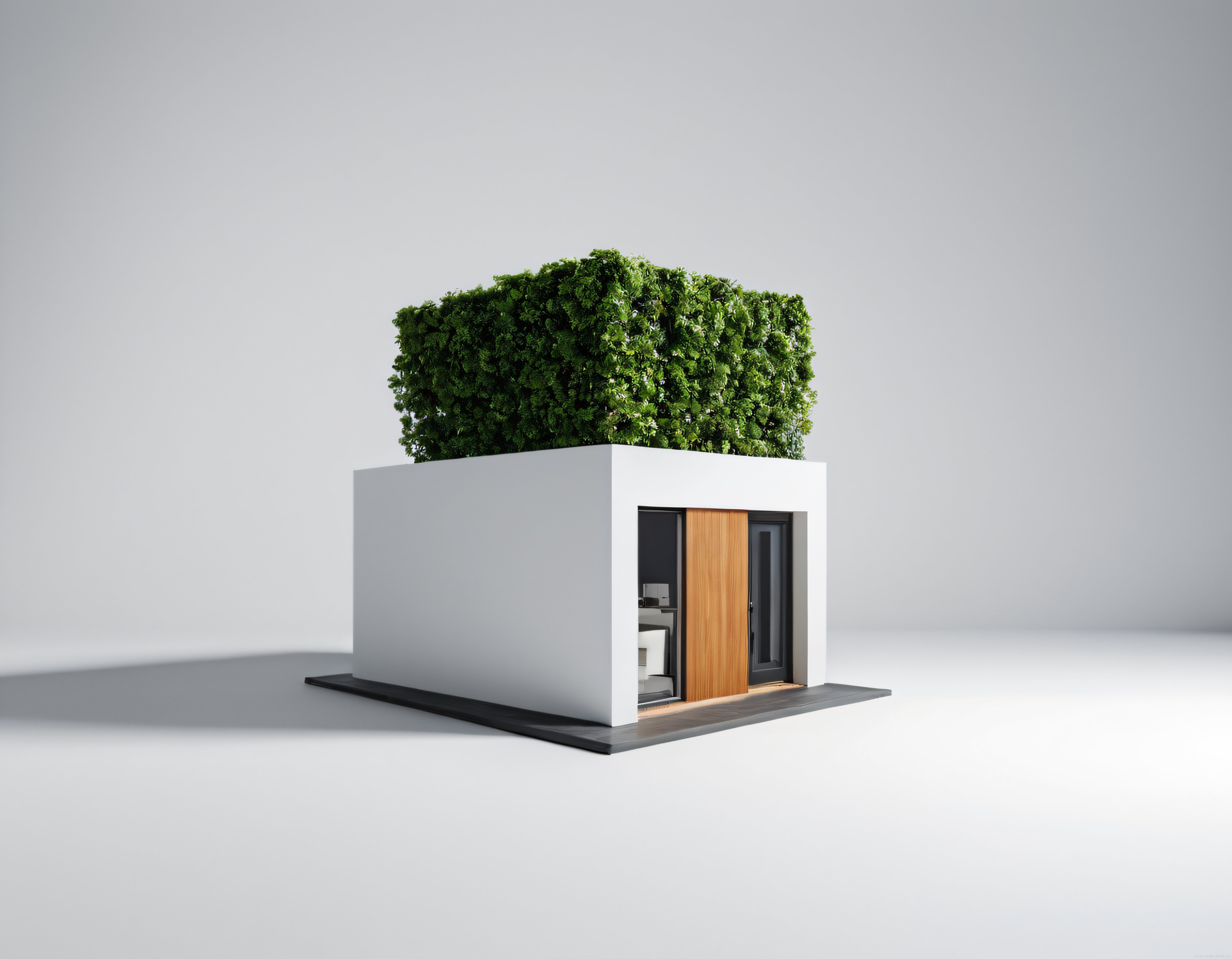 Çatısı Yemyeşil Otlarla Kaplanmış Minimalist Beyaz Mikro Ev Modeli