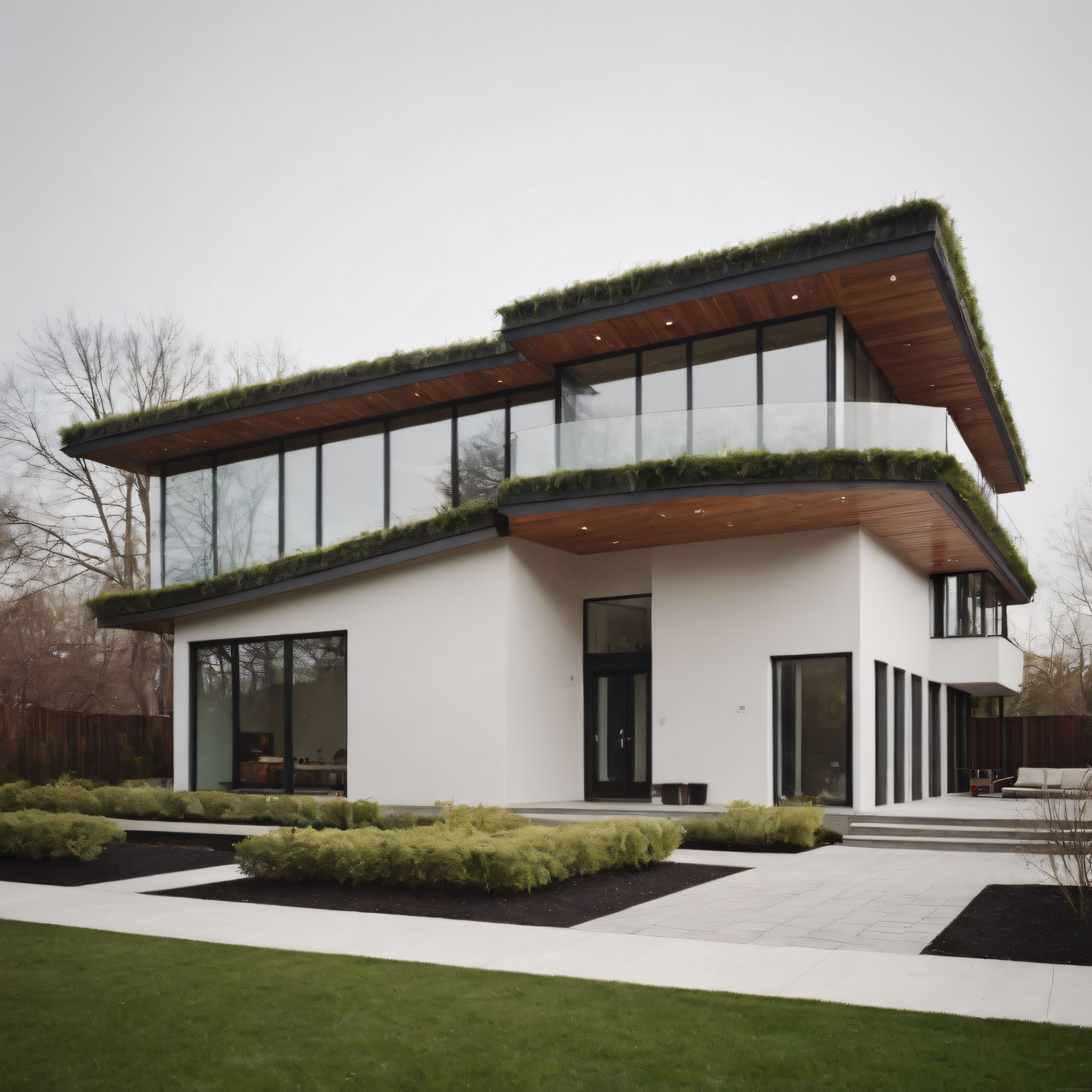 Çatısı yeşillendirilmiş modern mimari villa ve minimalist bahçe düzenlemesi