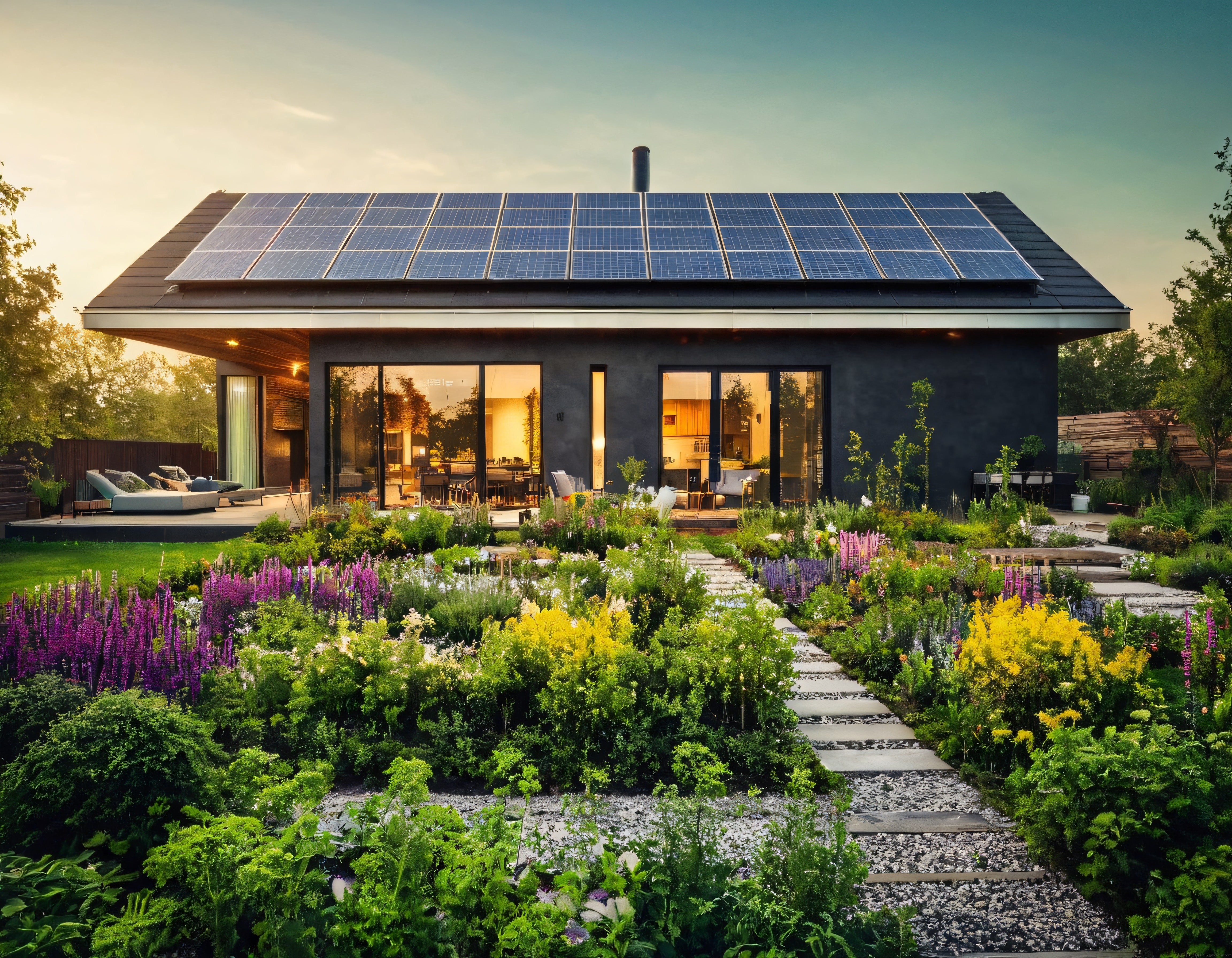Çatısında Güneş Panelleri Bulunan Modern Ev ve Düzenli Peyzaj Bahçesi