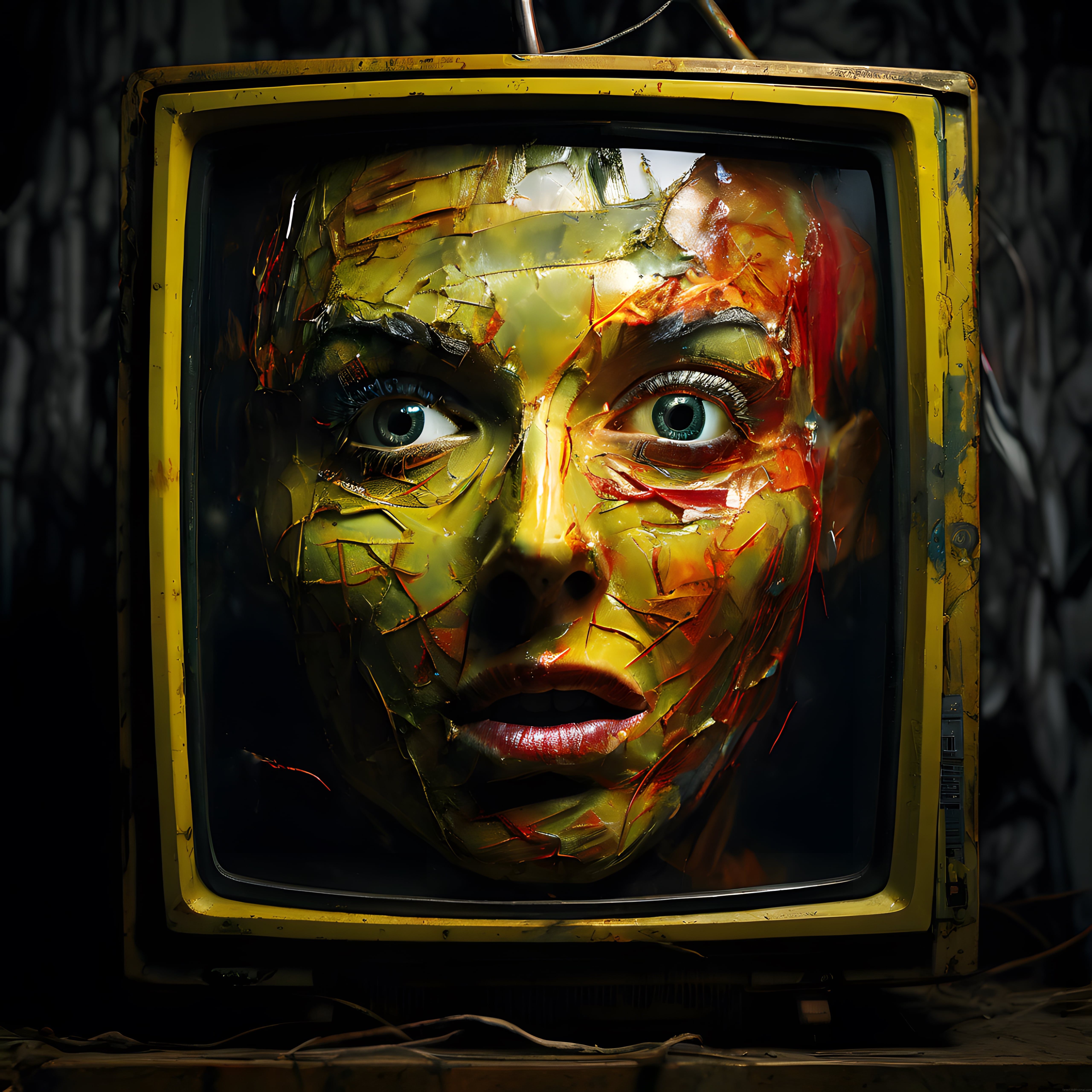 Çatlamış Ekrandan Yansıyan Yüz: Retro Televizyonda Sürreal Dijital Sanat