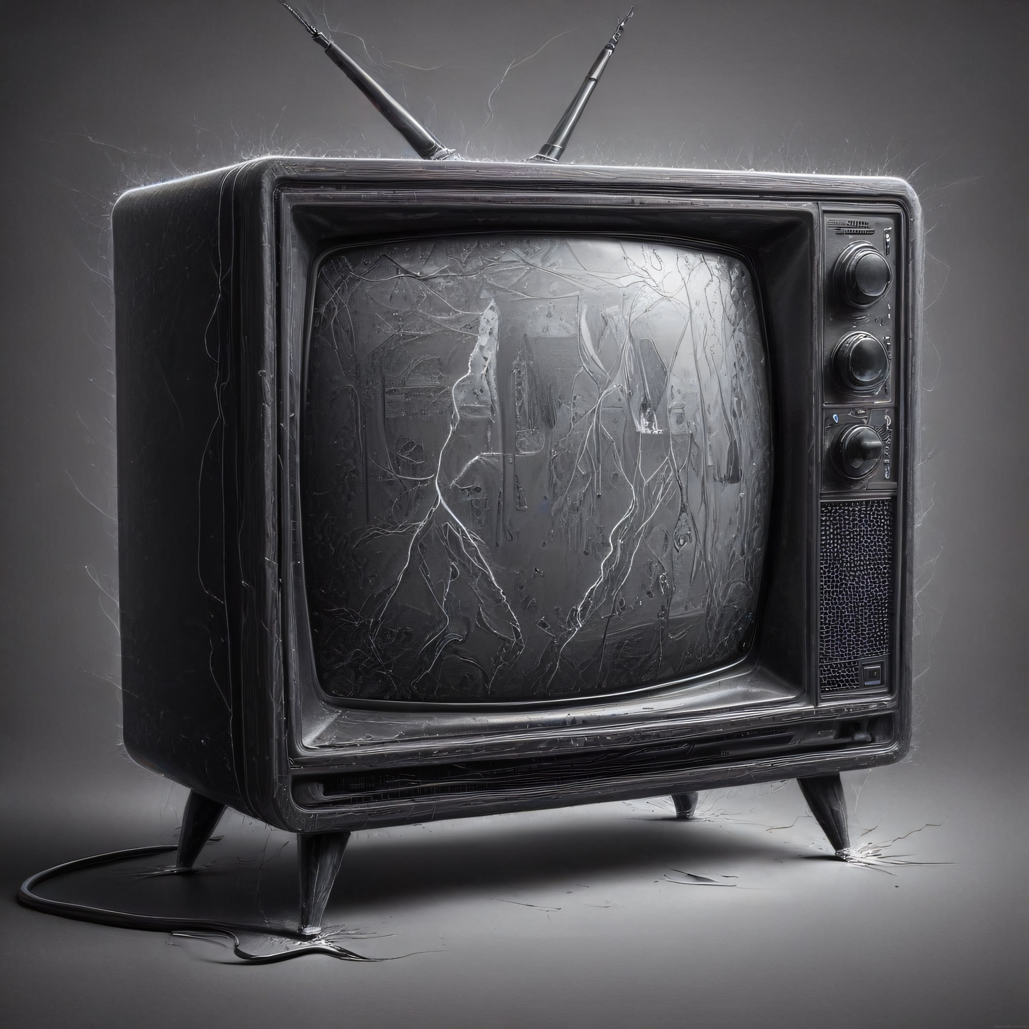 Çatlamış Ekranlı Antenli Retro Televizyon ve Kötü Sinyal Görüntüsü