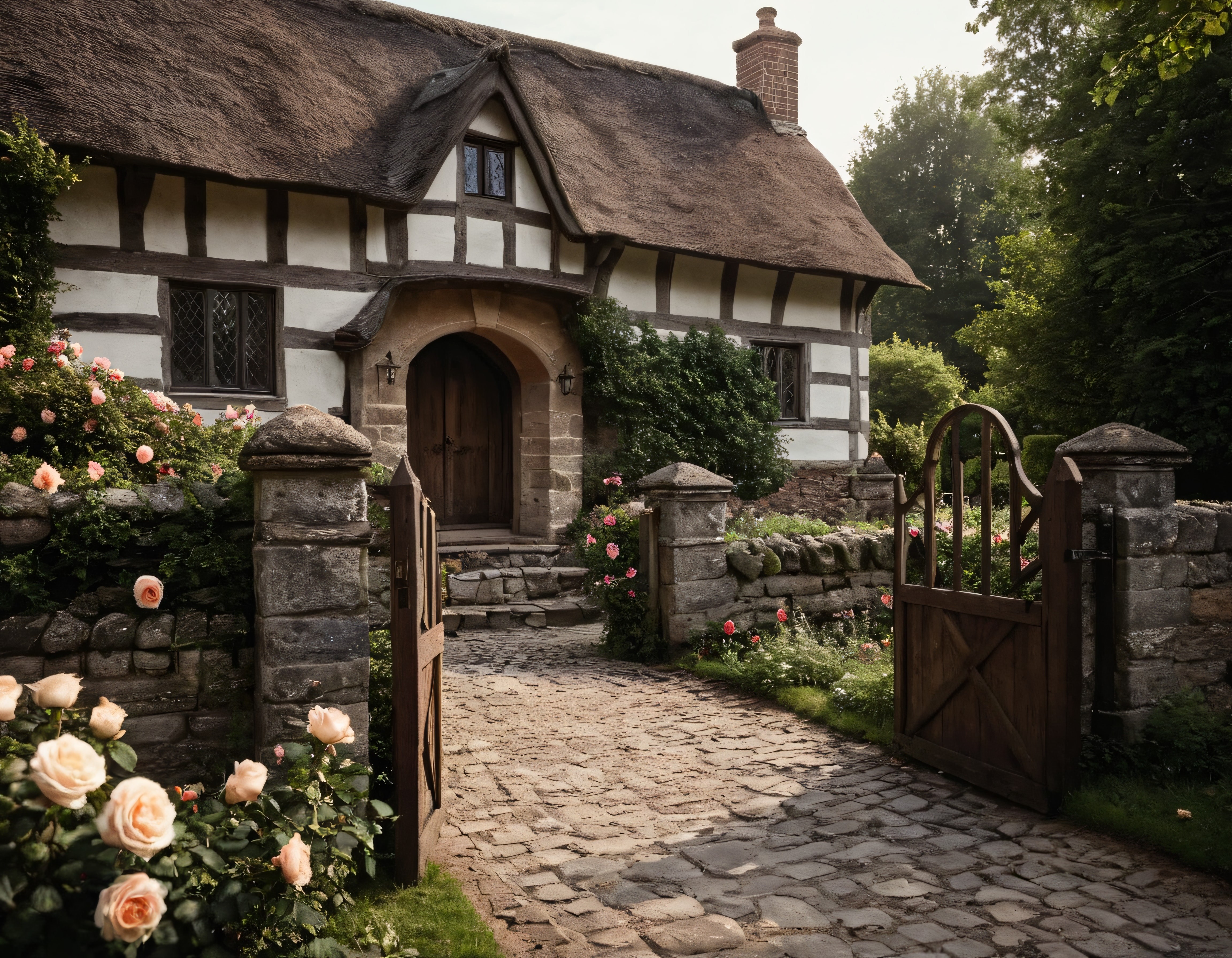 Çatmakariyer Çatılı Tudor Tarzı Taş Ev ve Gül Bahçesinin Romantik Görünümü